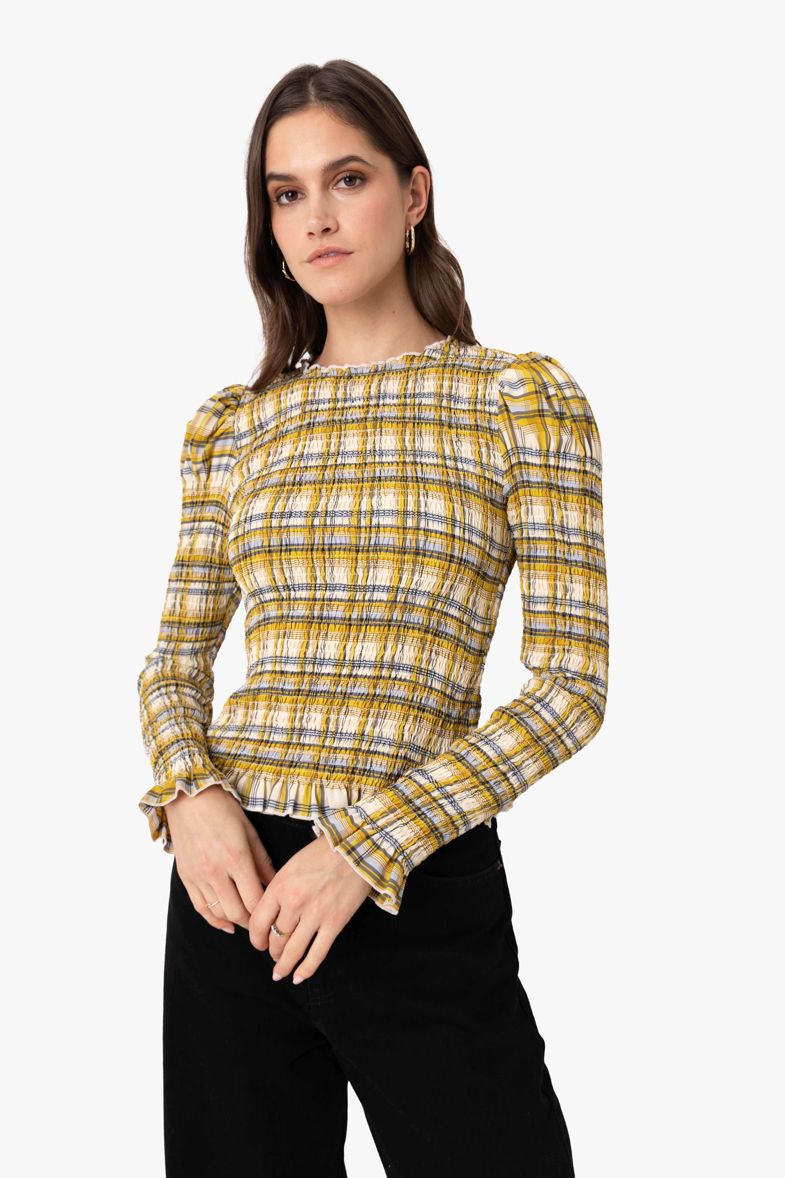 Elsa Yellow Plaid Long Sleeve Smocked Top