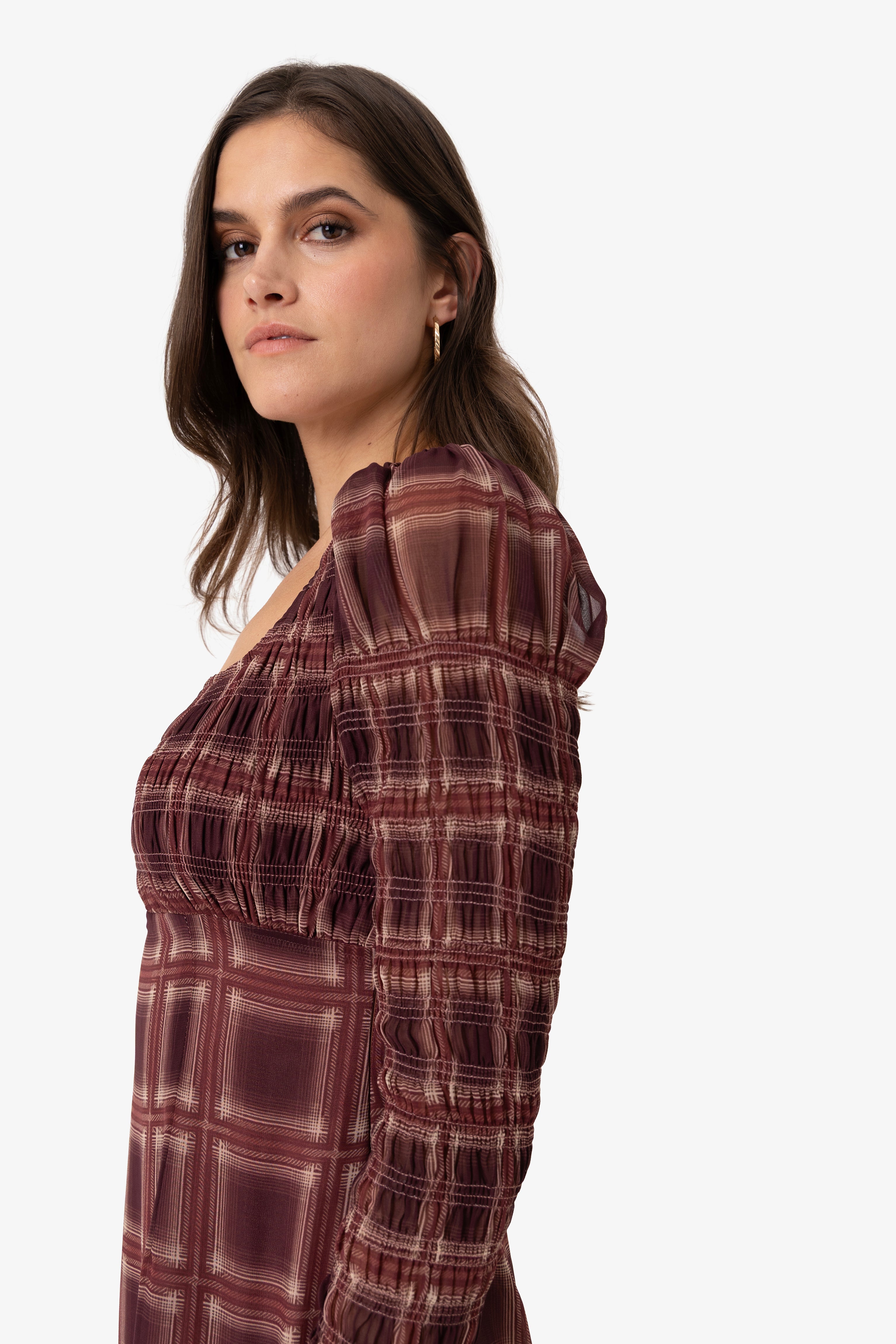 Noor Smocked Checkered Long Sleeve Column Dress