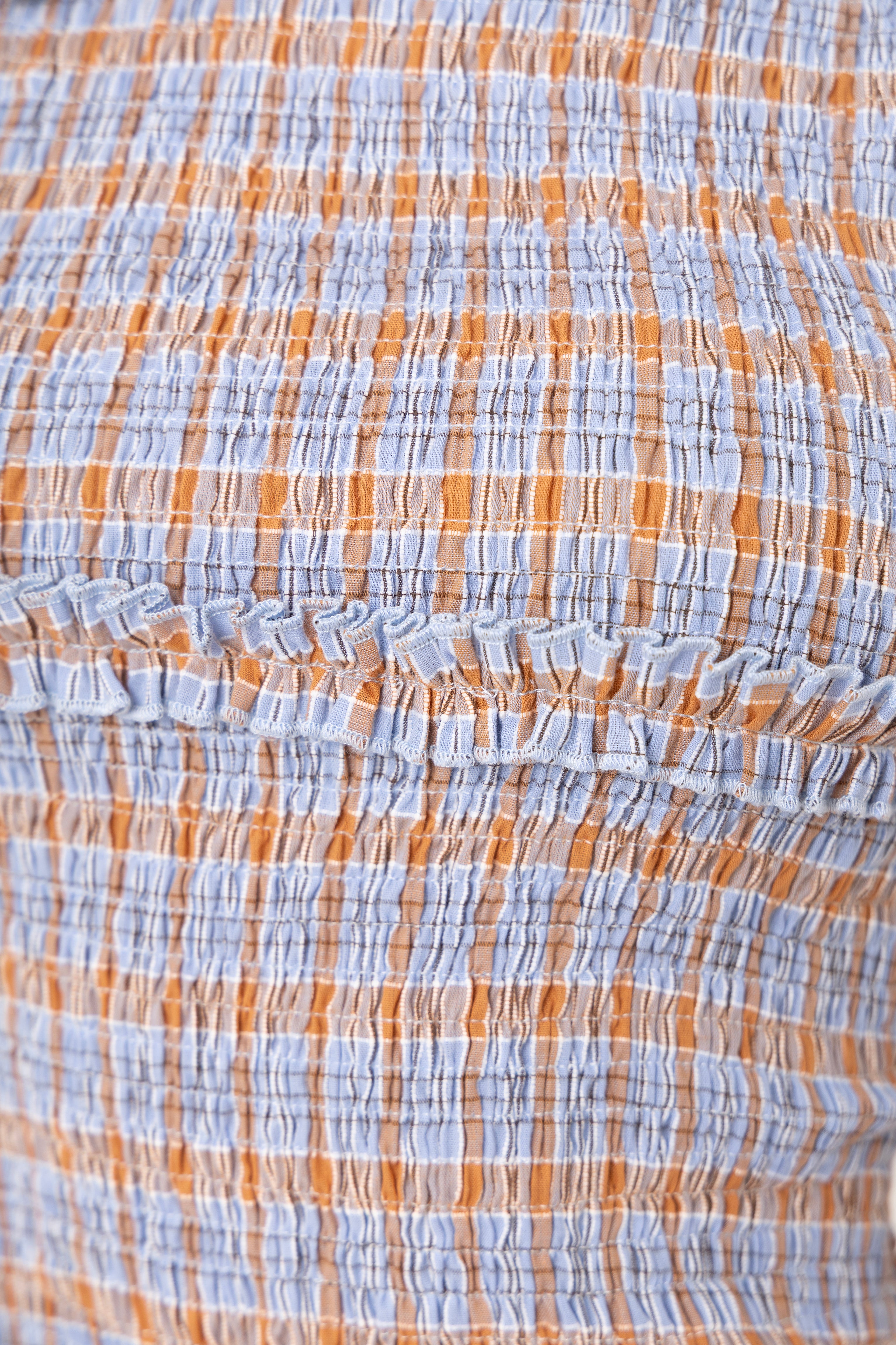 Mona Smocked Top in Blue and Orange Check