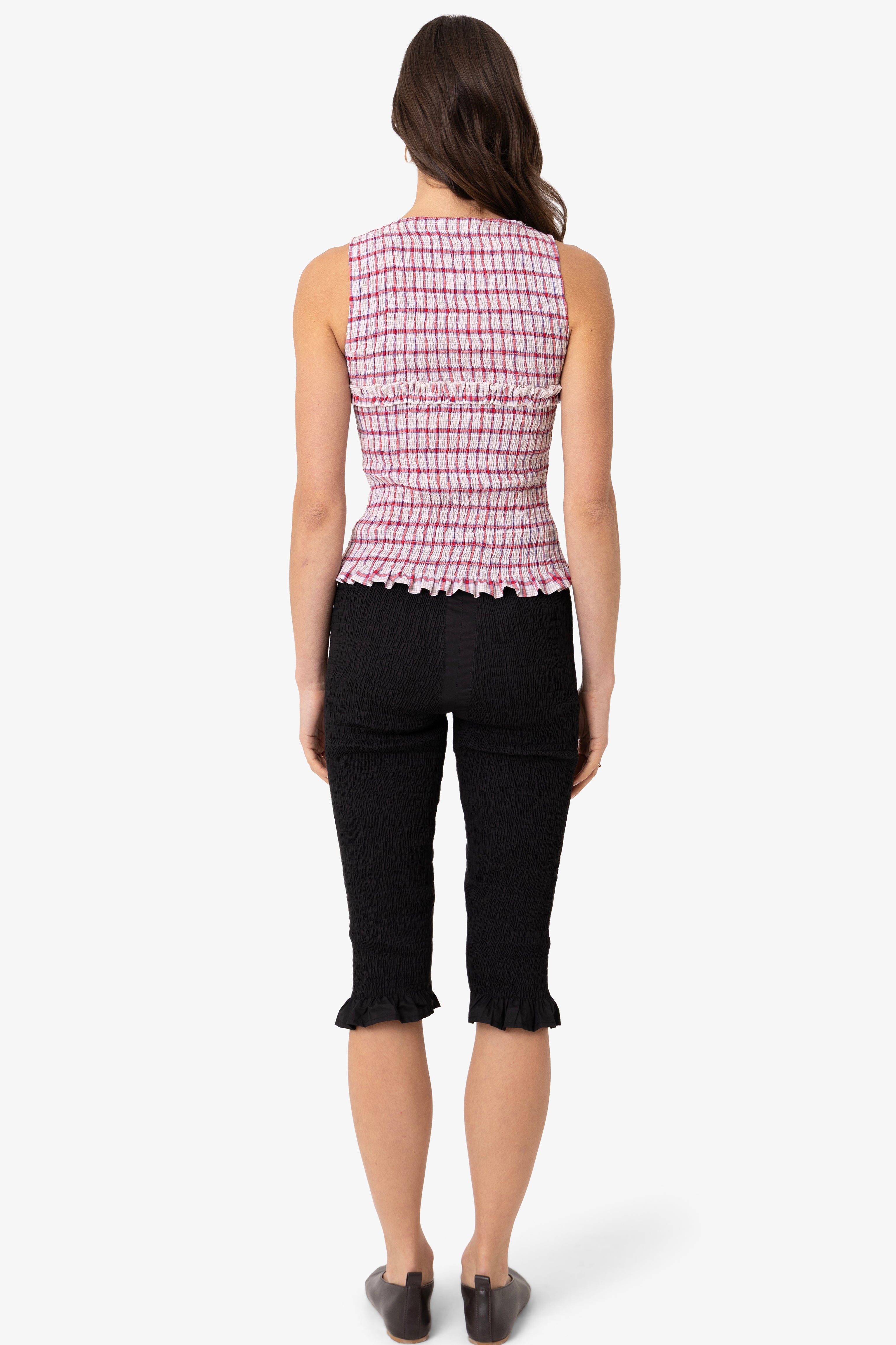 Mona Smocked Top In Red & White Windowpane Check