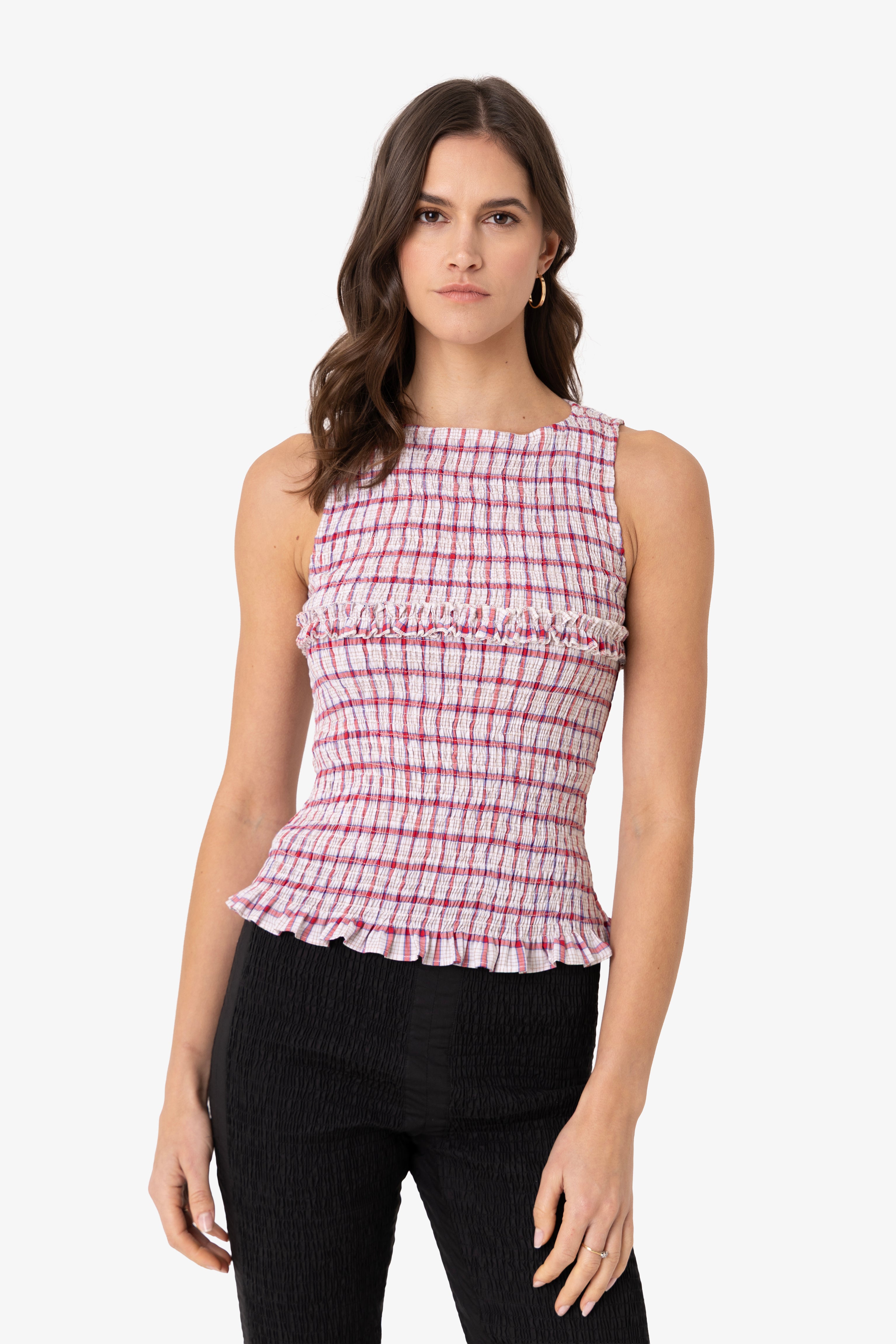 Mona Smocked Top In Red & White Windowpane Check