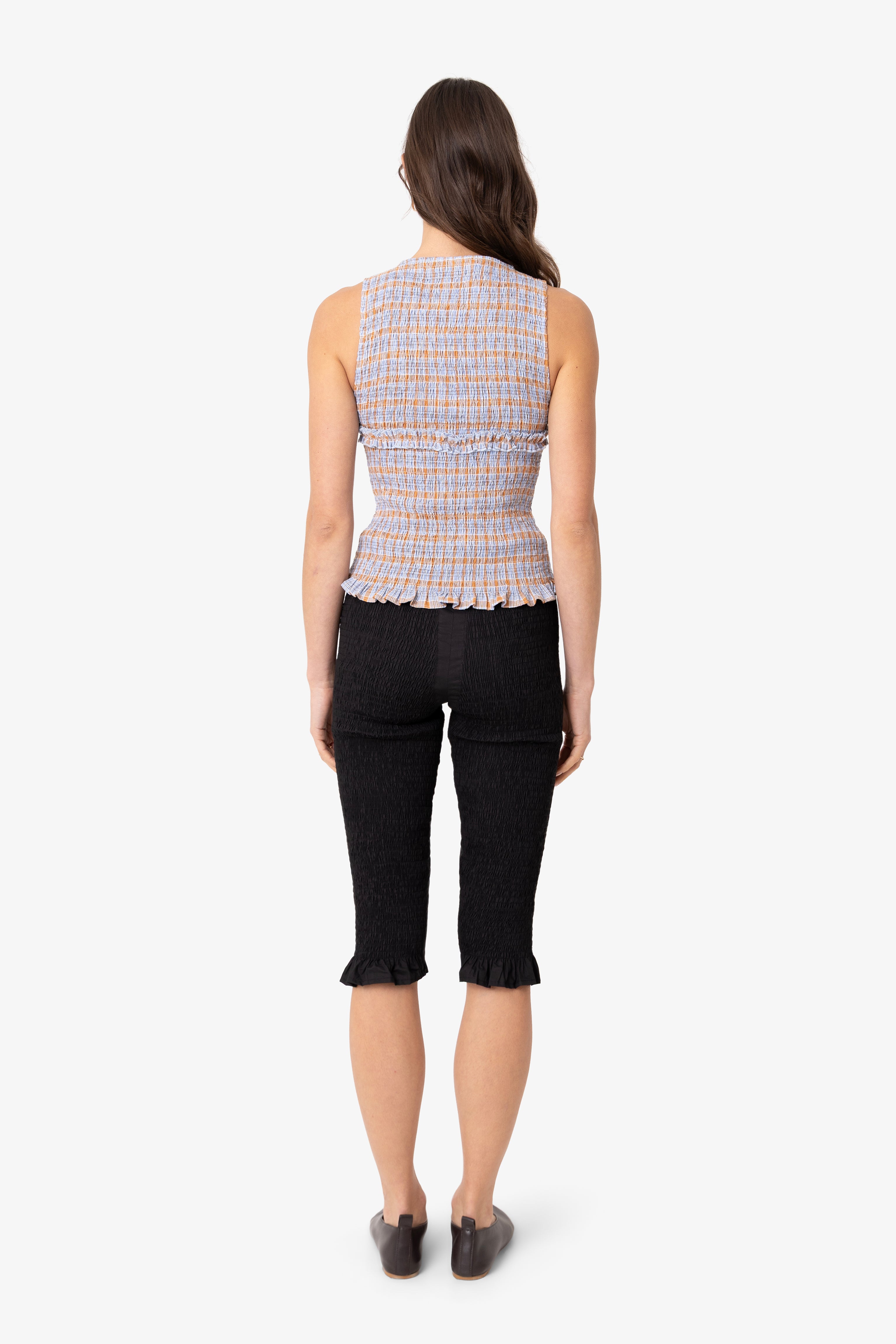 Mona Smocked Top in Blue and Orange Check