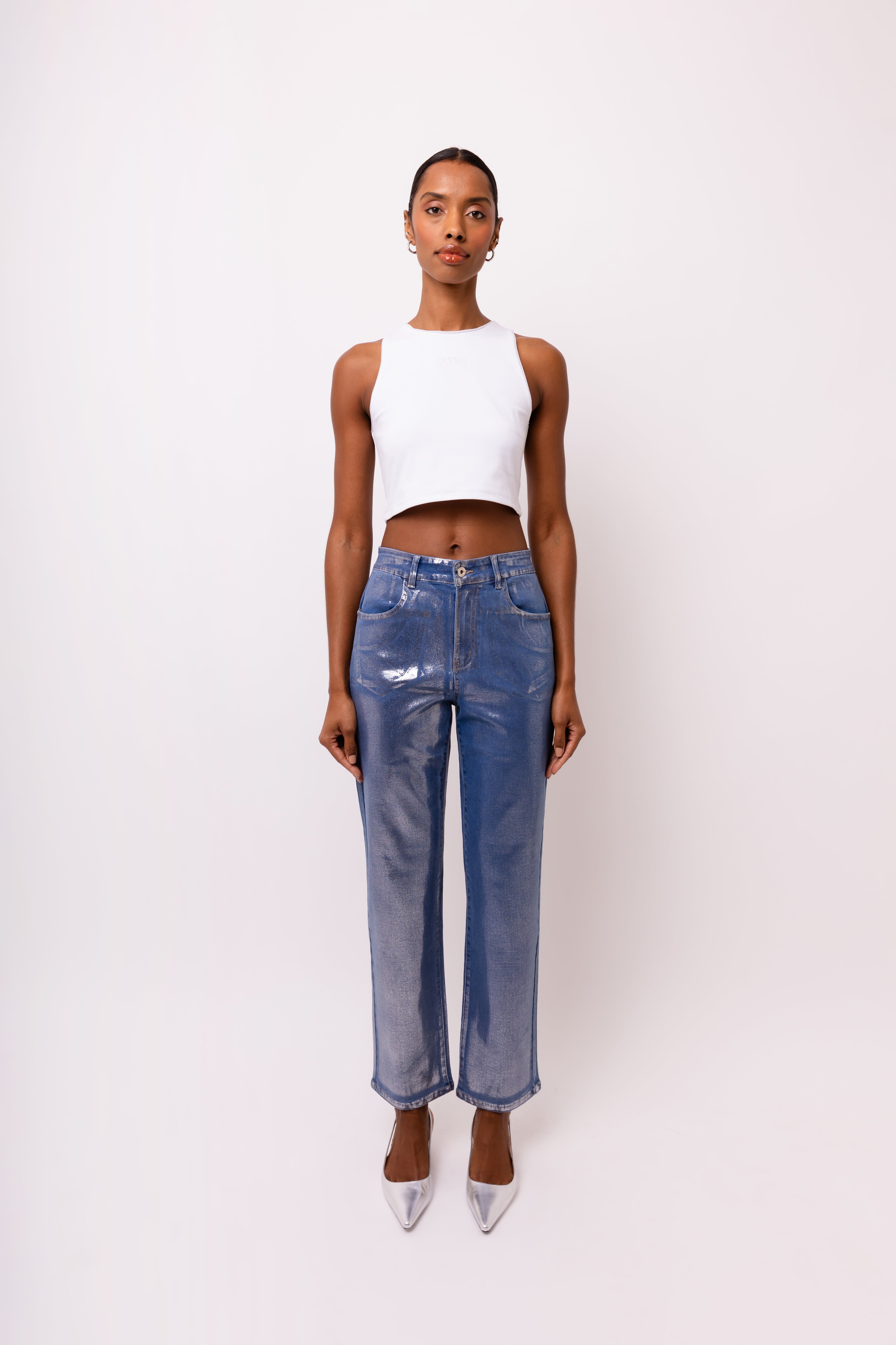 Soho Denim Straight Leg Trousers with Metallic Foil Sheen | AMYLYNN