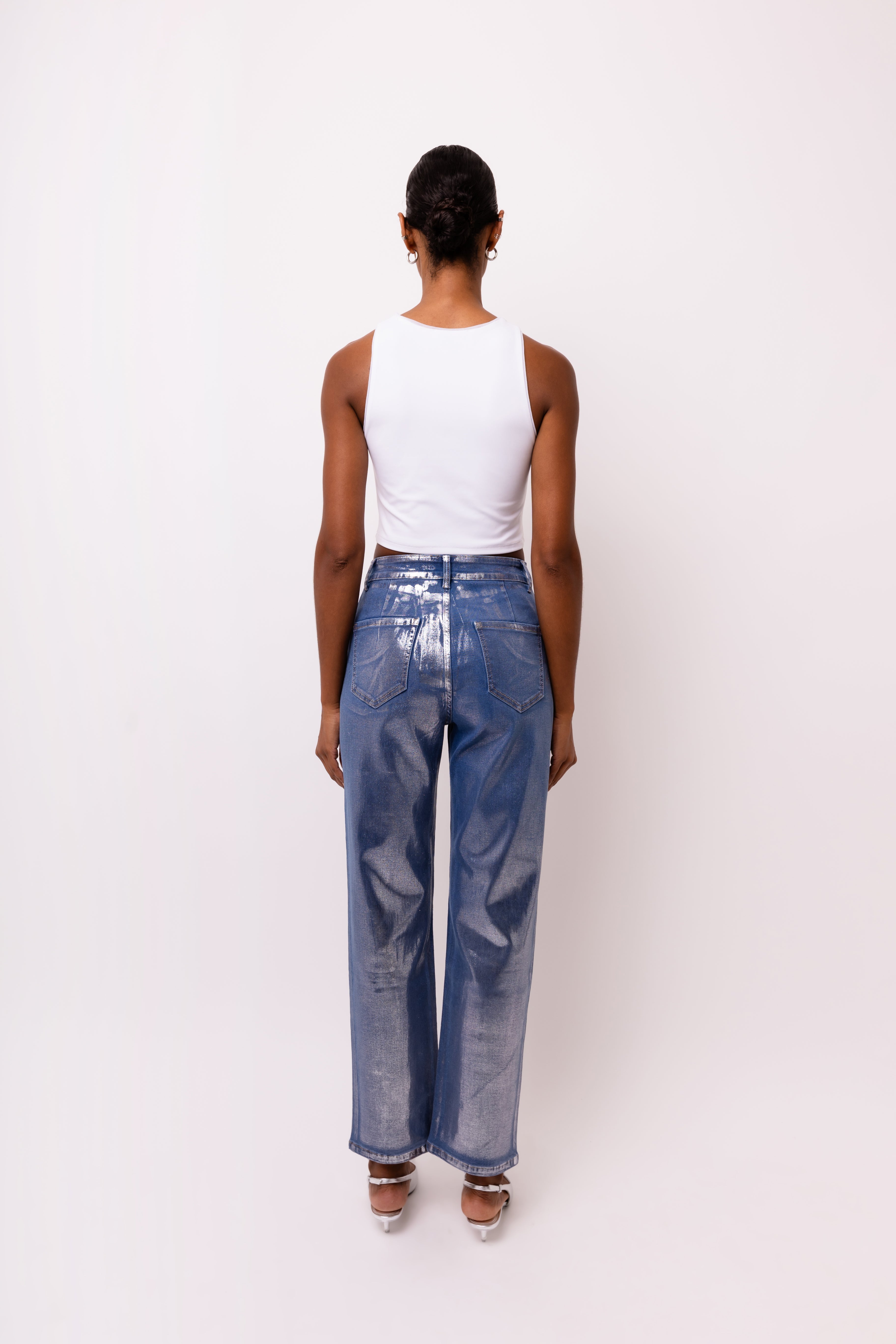 Soho Denim Straight Leg Trousers with Metallic Foil Sheen | AMYLYNN