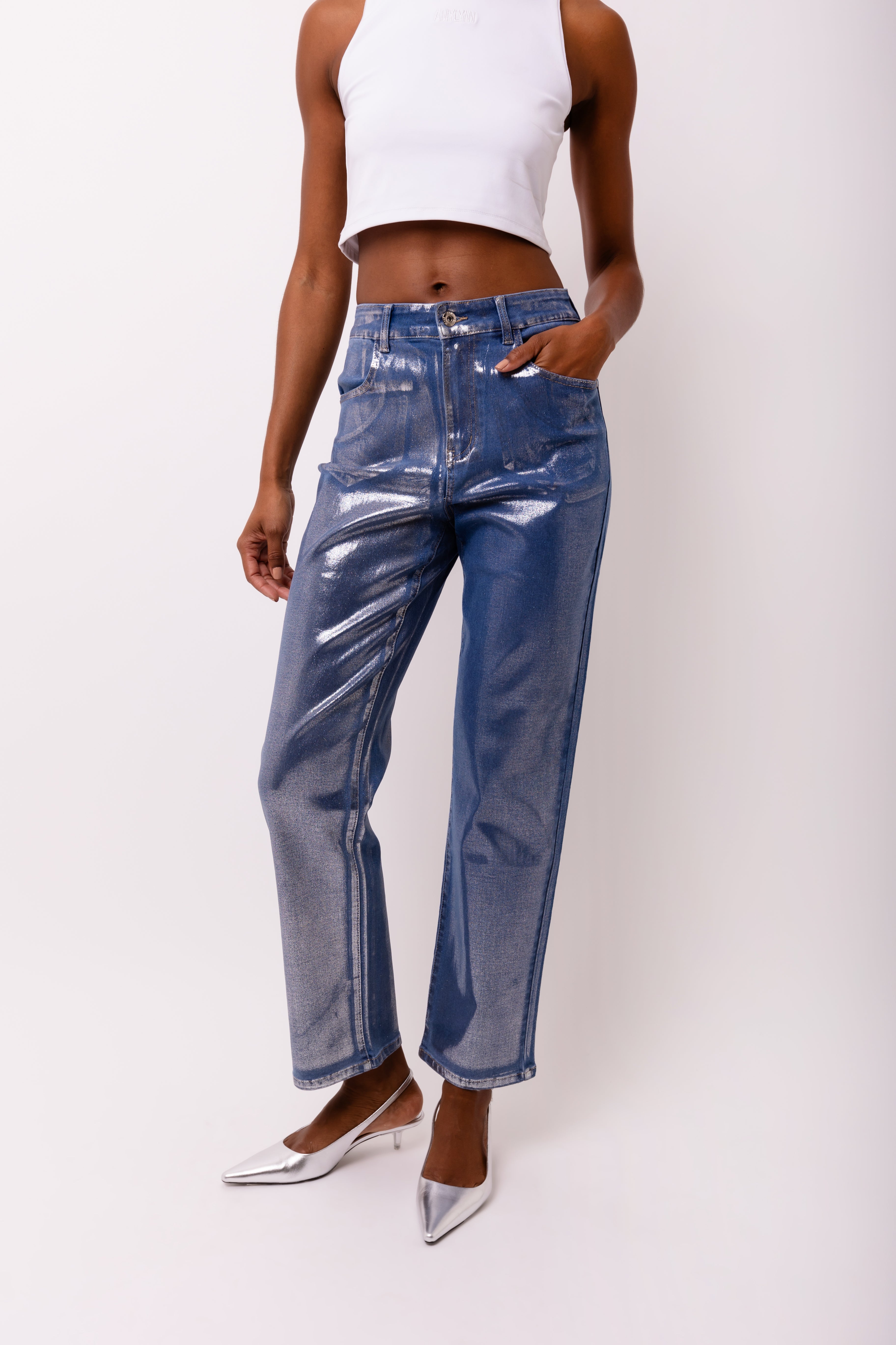 Soho Denim Straight Leg Trousers with Metallic Foil Sheen | AMYLYNN