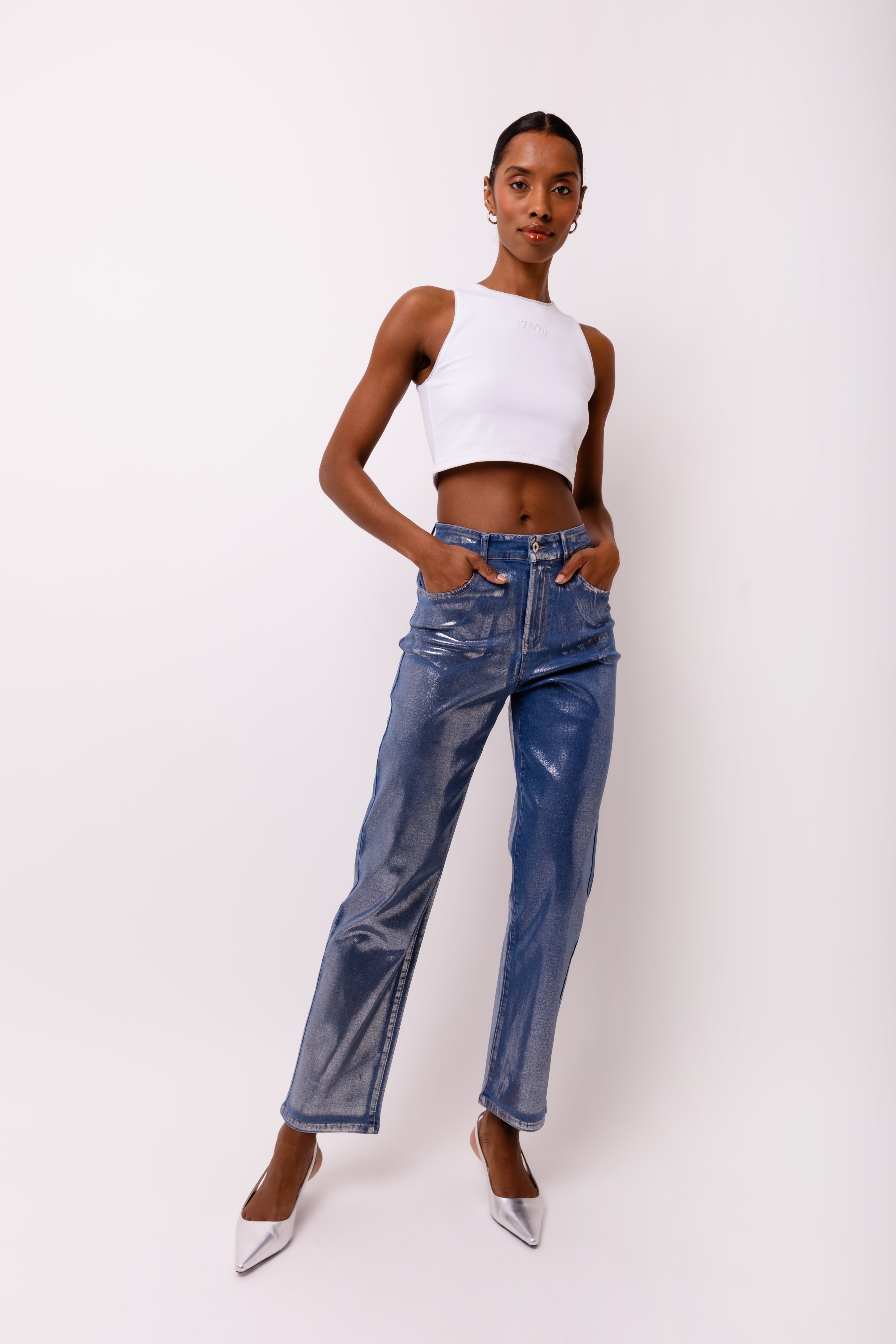 Soho Denim Straight Leg Trousers with Metallic Foil Sheen | AMYLYNN