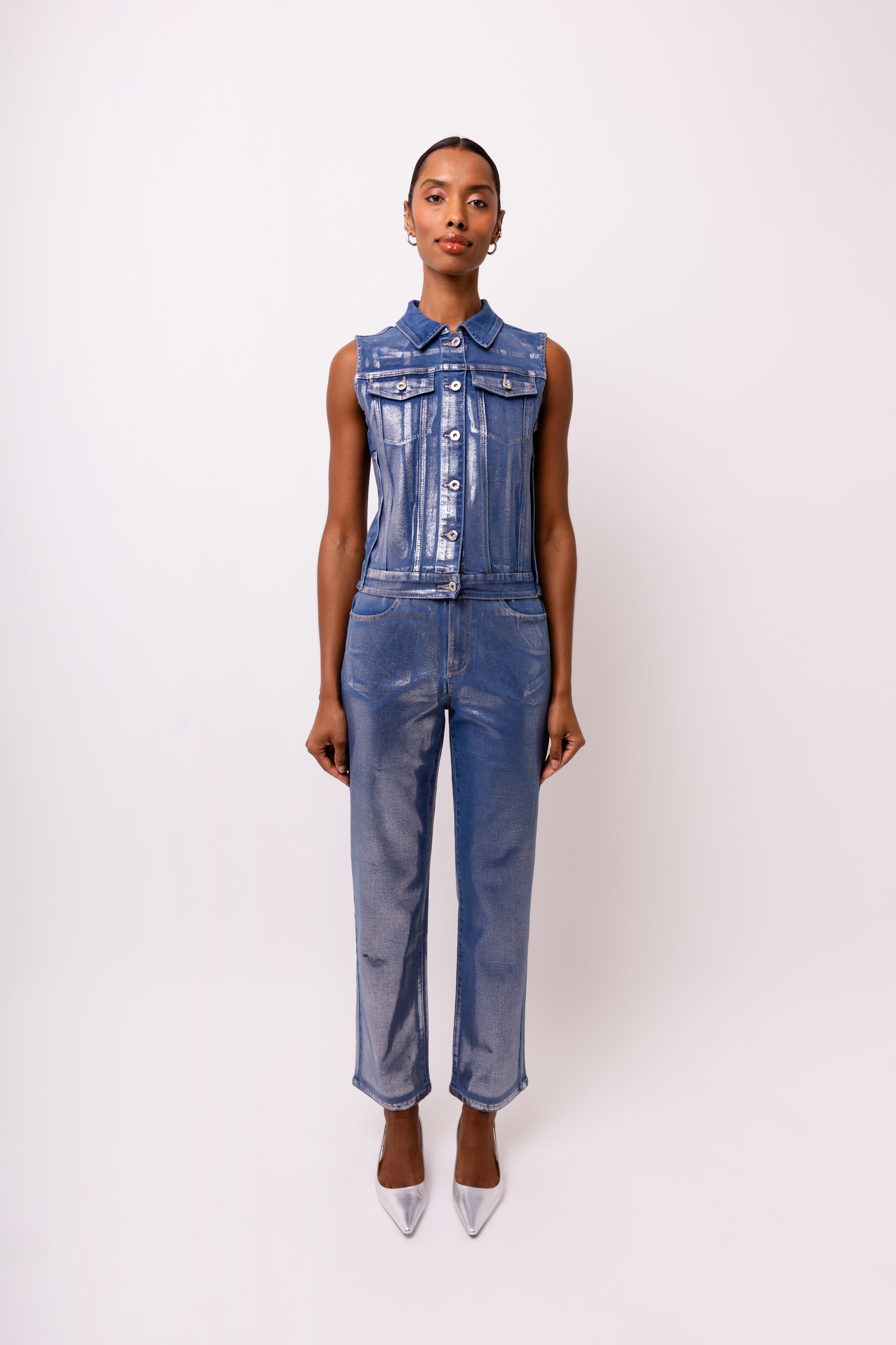 Soho Blue Stretch Denim Metallic Vest Gilet | AMYLYNN