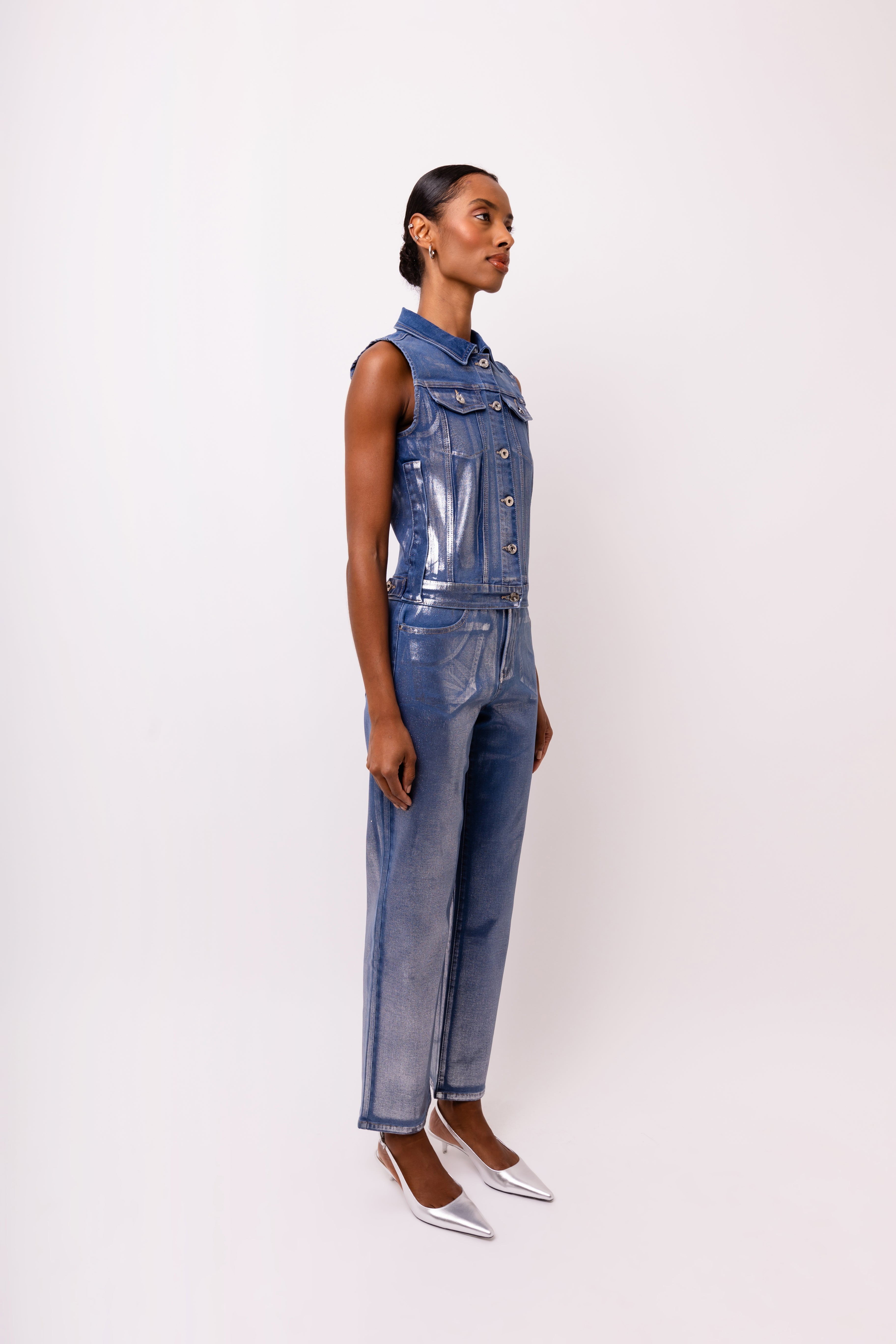 Soho Blue Stretch Denim Metallic Vest Gilet | AMYLYNN