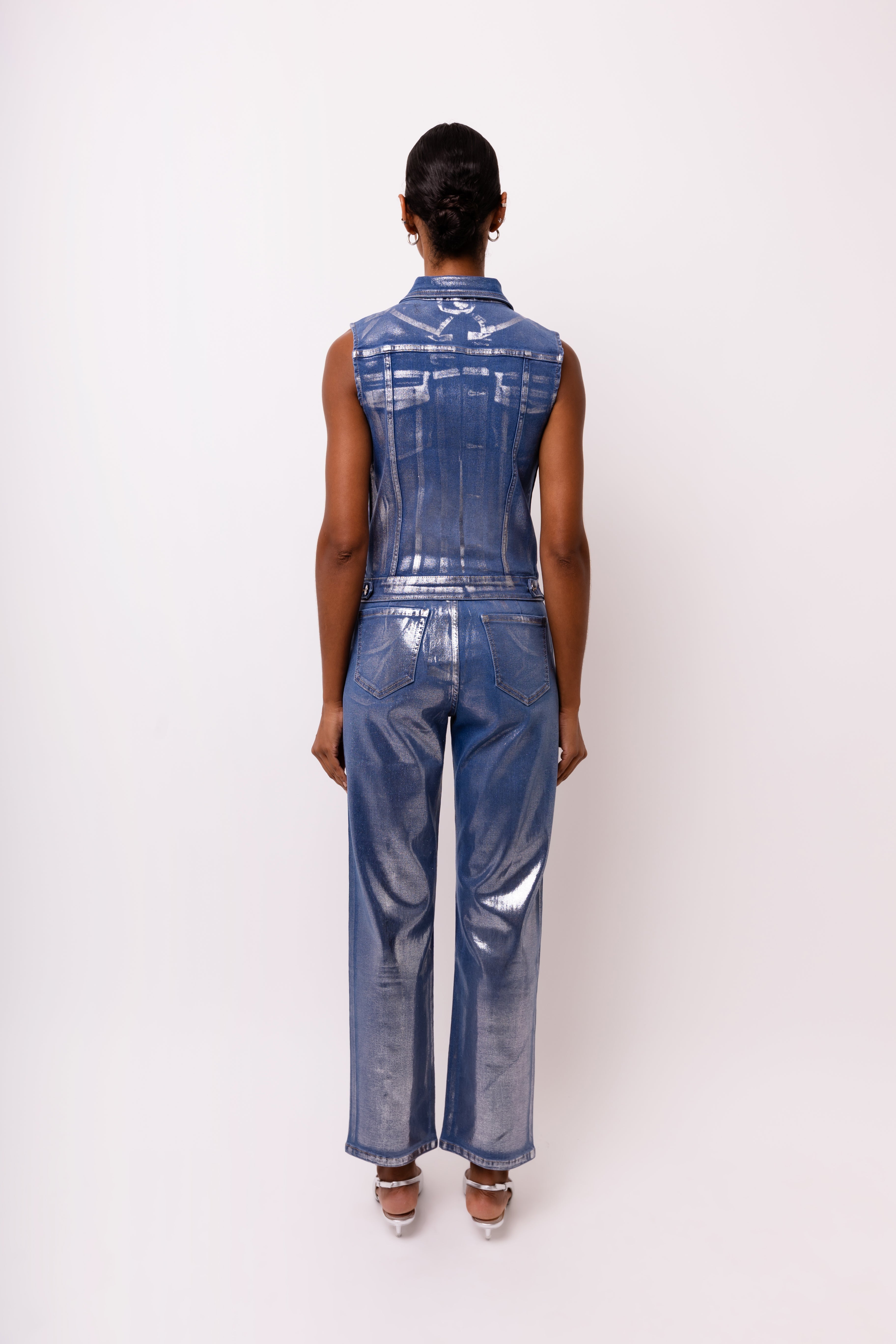 Soho Blue Stretch Denim Metallic Vest Gilet | AMYLYNN