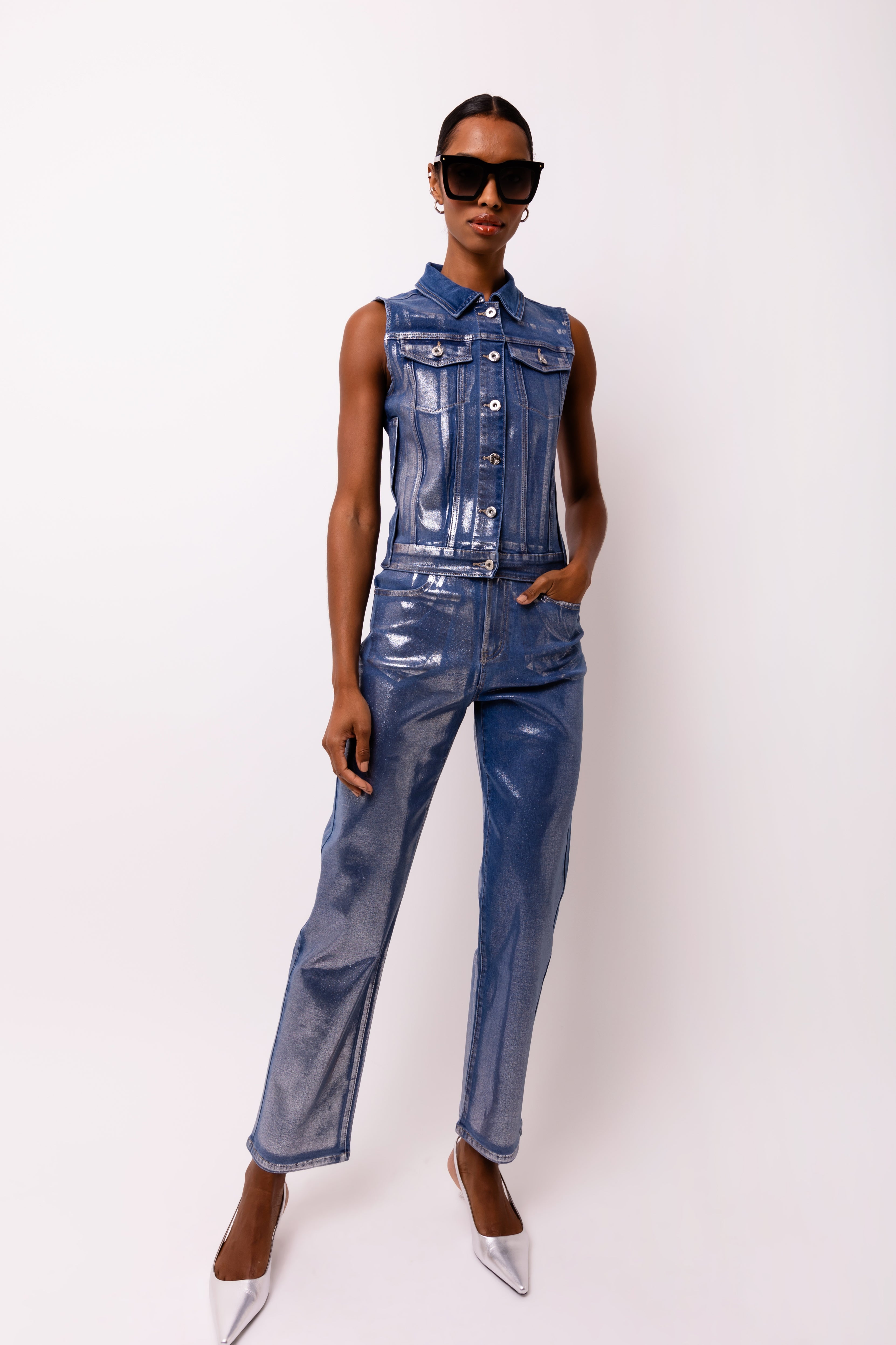 Soho Blue Stretch Denim Metallic Vest Gilet | AMYLYNN