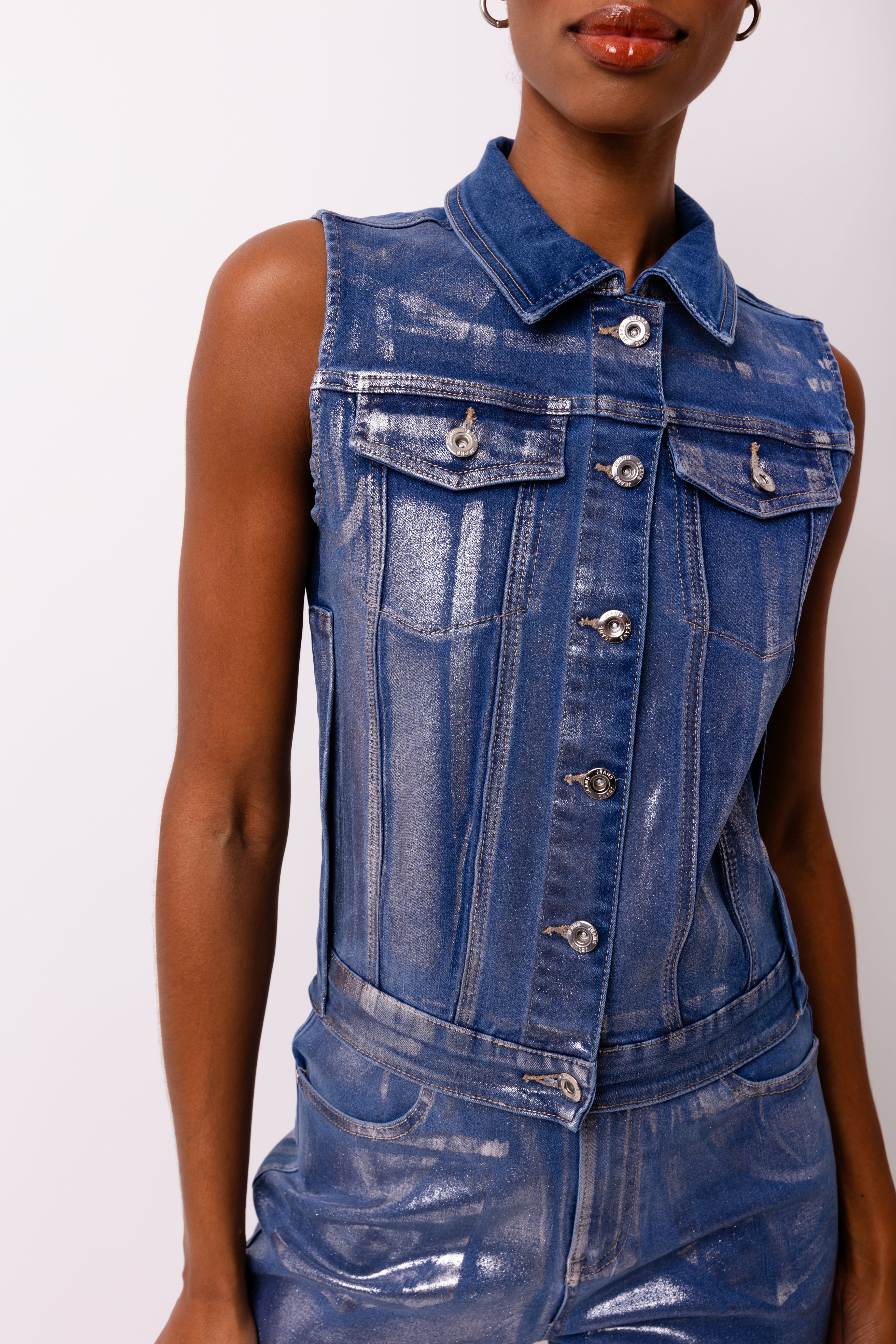 Soho Blue Stretch Denim Metallic Vest Gilet | AMYLYNN