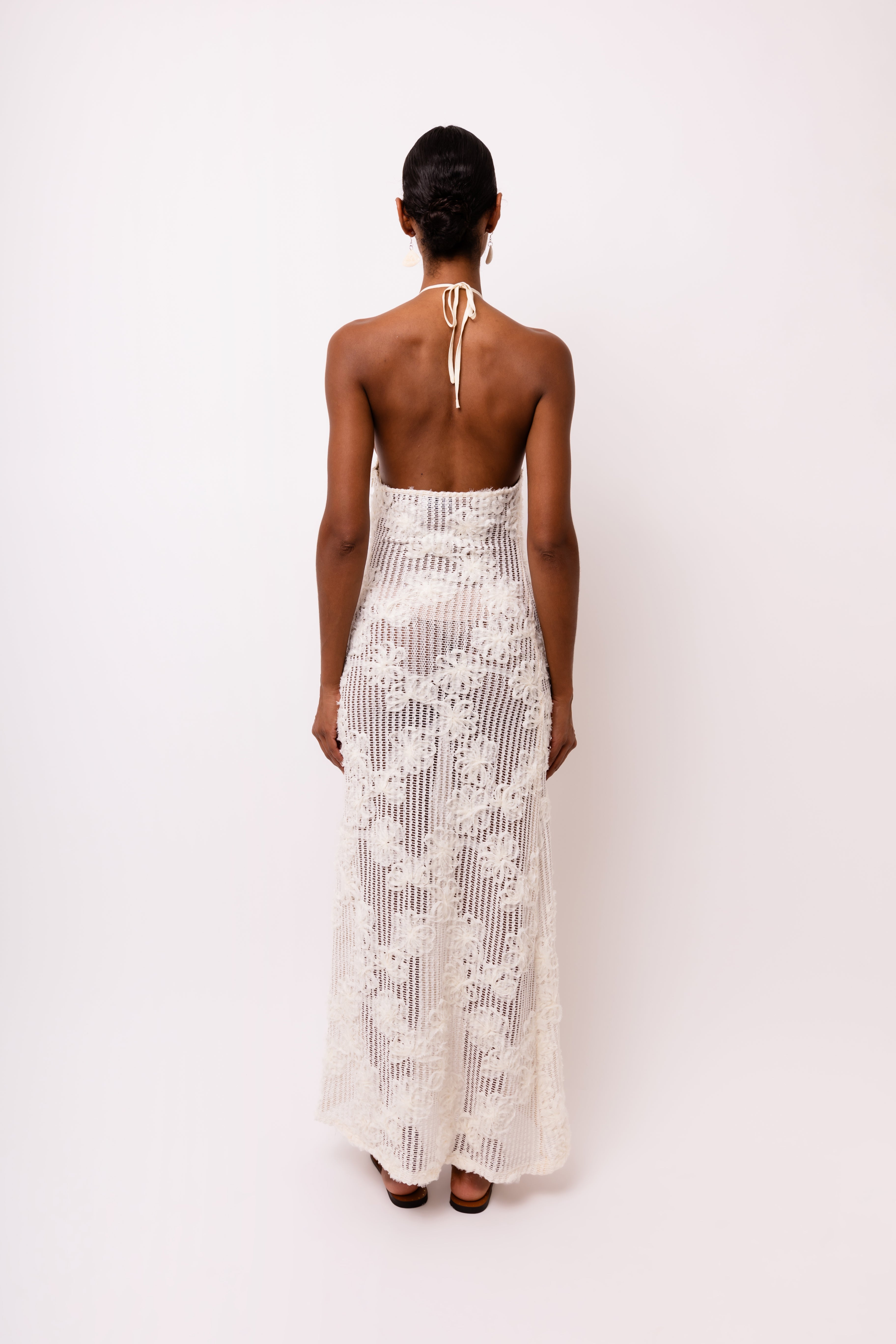 Cici Halter-neck Cream Crochet Floral Maxi Dress  | AMYLYNN