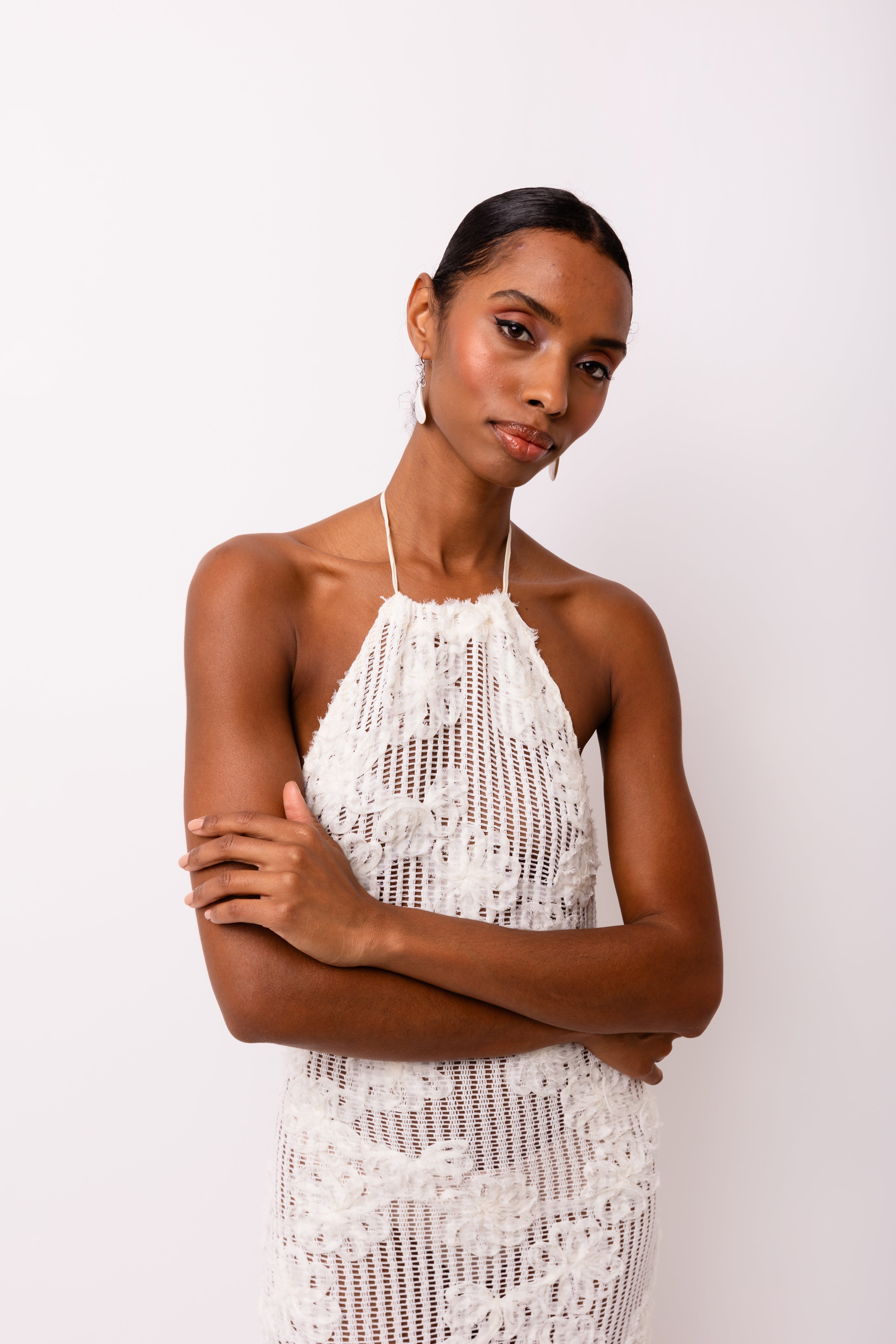 Cici Halter-neck Cream Crochet Floral Maxi Dress | AMYLYNN