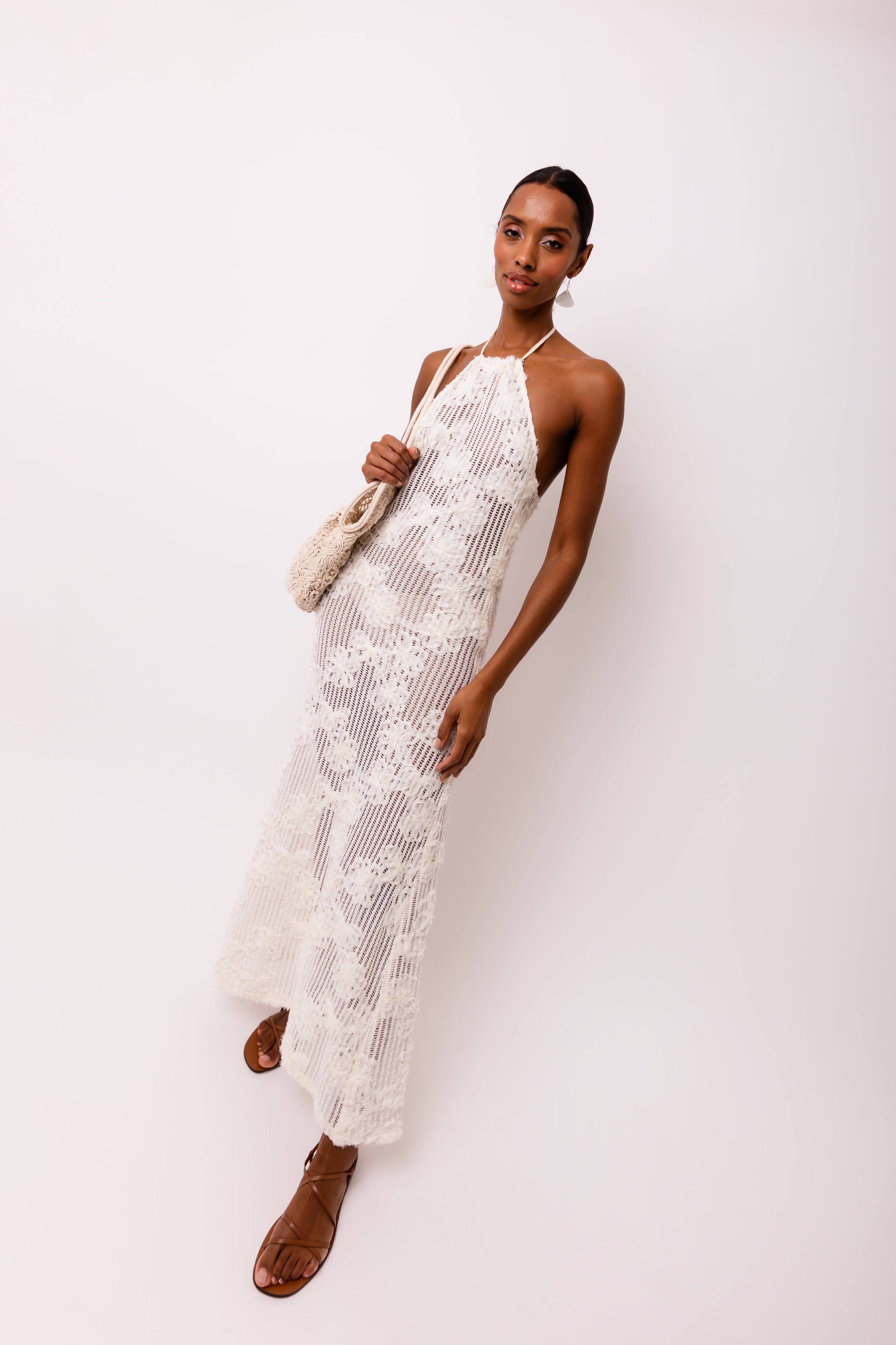 Cici Halter-neck Cream Crochet Floral Maxi Dress  | AMYLYNN