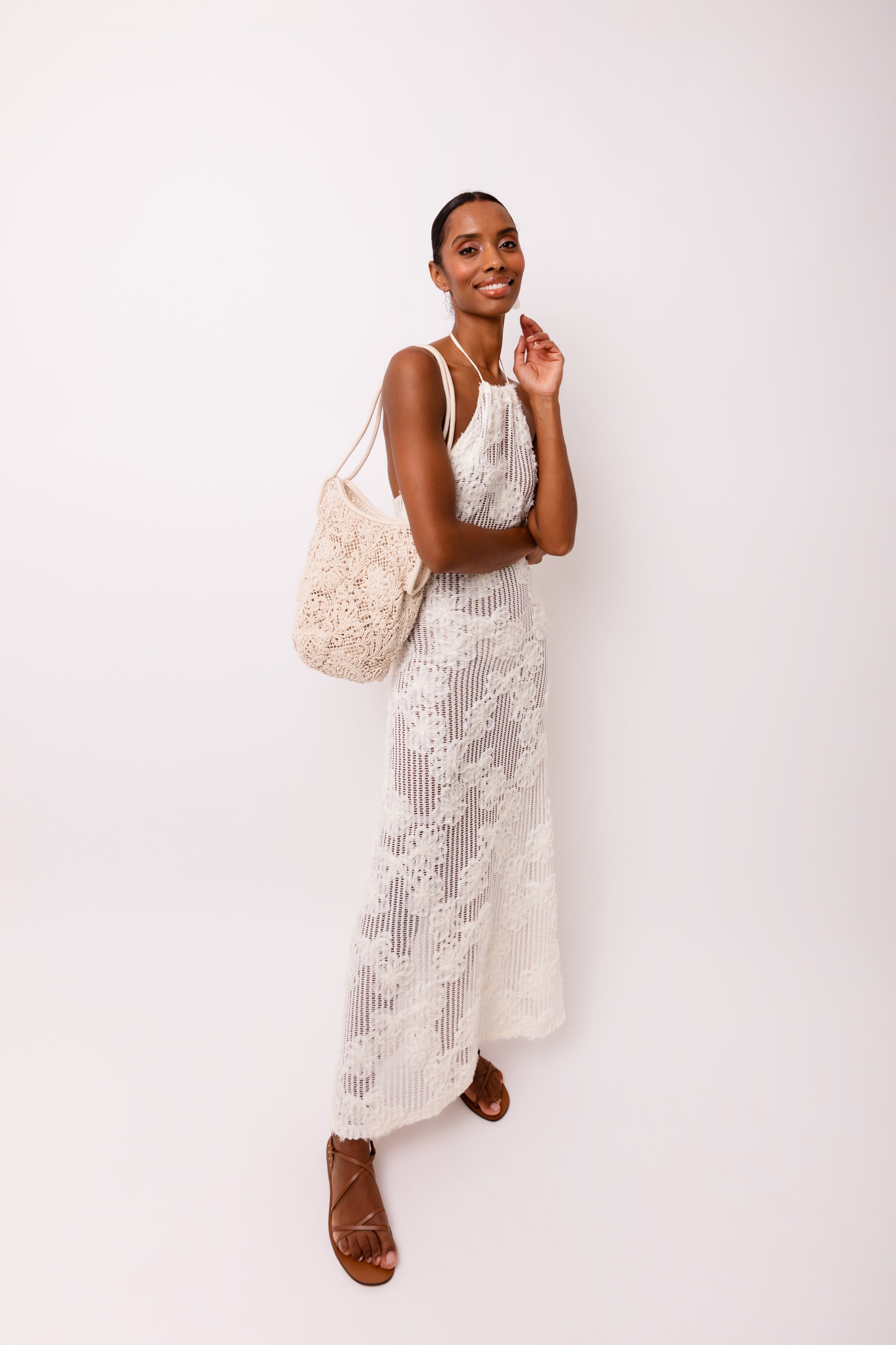 Cici Halter-neck Cream Crochet Floral Maxi Dress | AMYLYNN