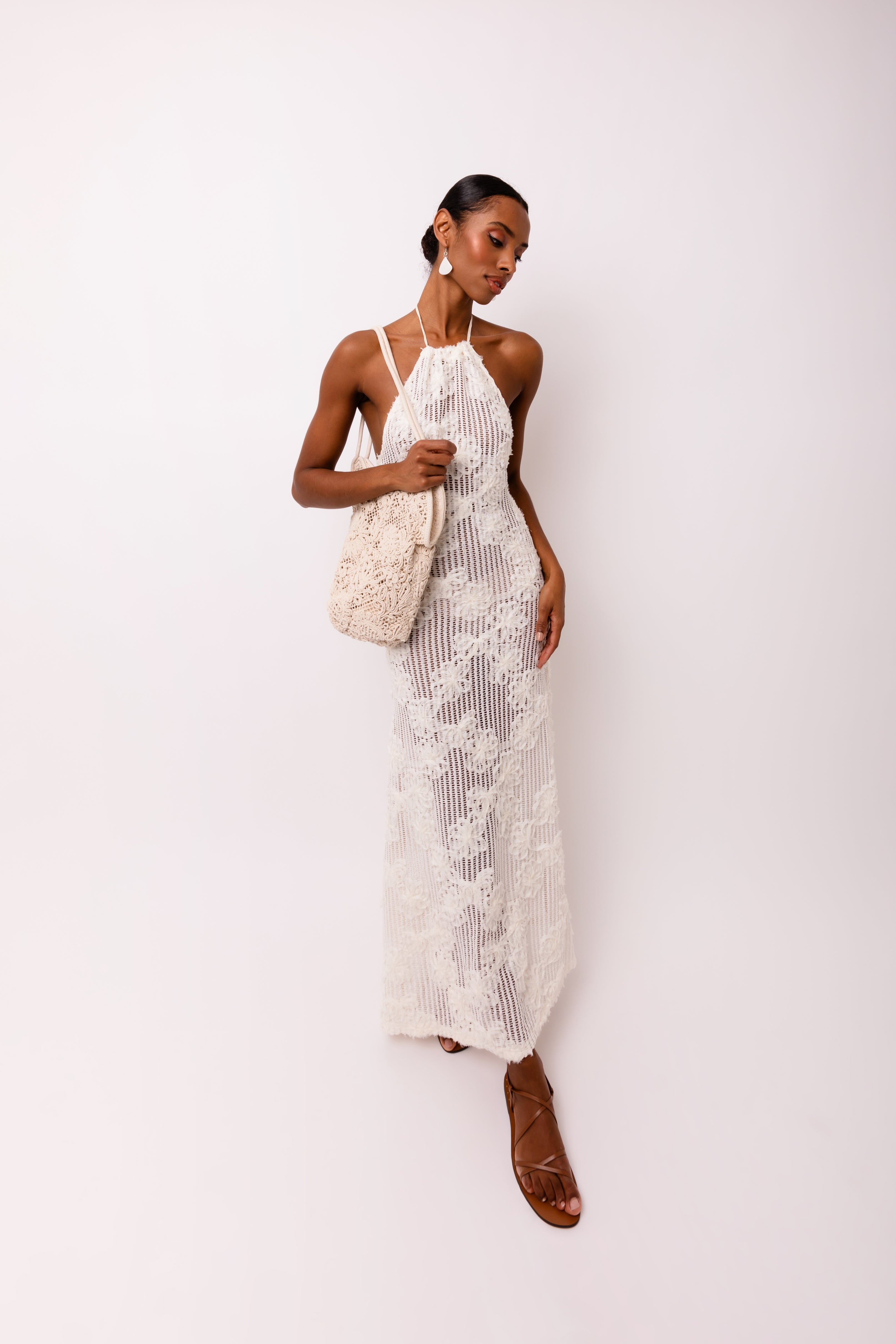 Cici Halter-neck Cream Crochet Floral Maxi Dress  | AMYLYNN