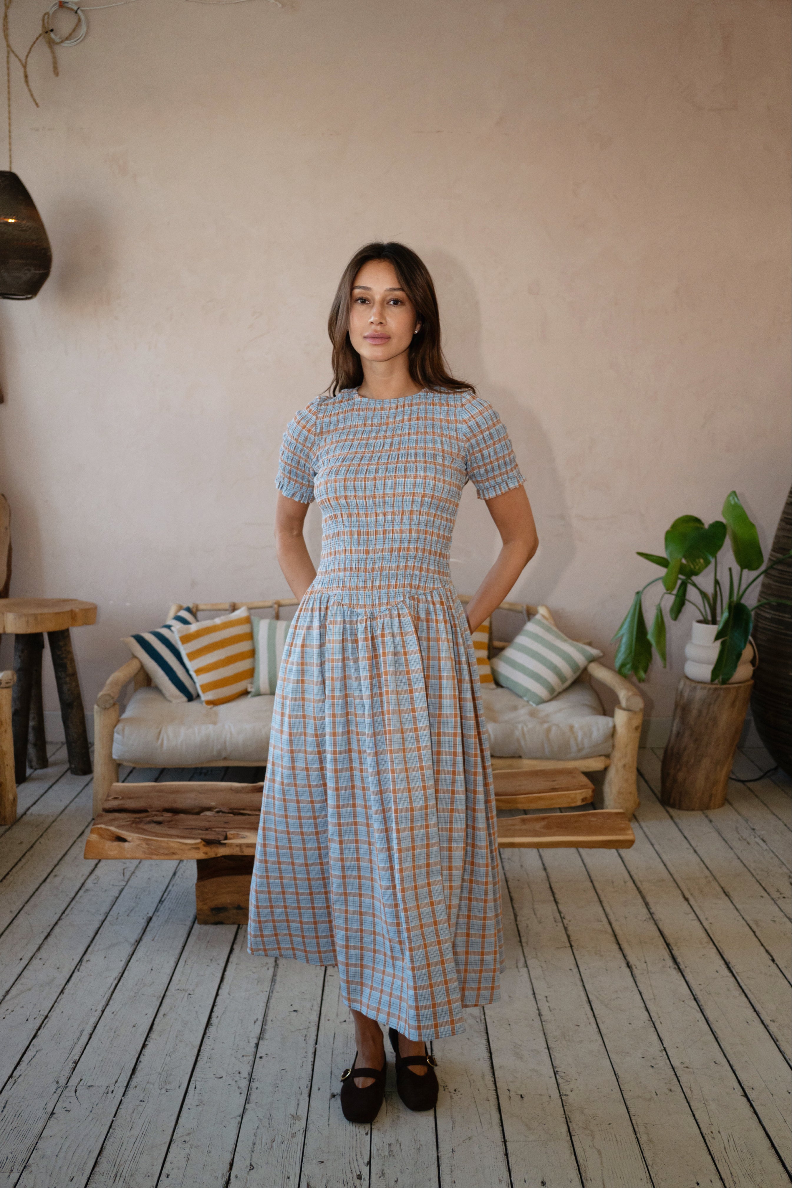 Beatrix Smocked Midaxi Dress in Blue and Orange Check