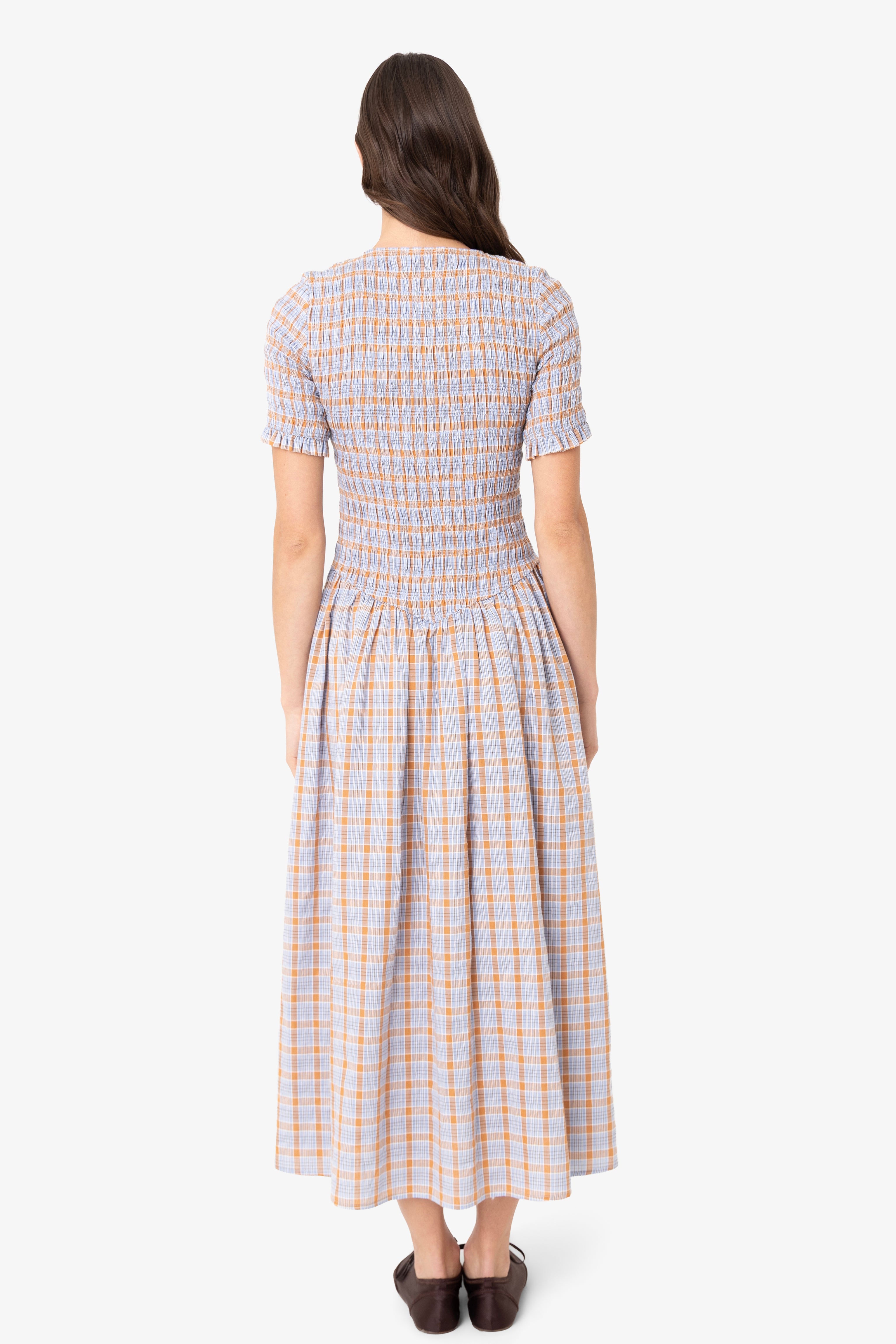Beatrix Smocked Midaxi Dress in Blue and Orange Check