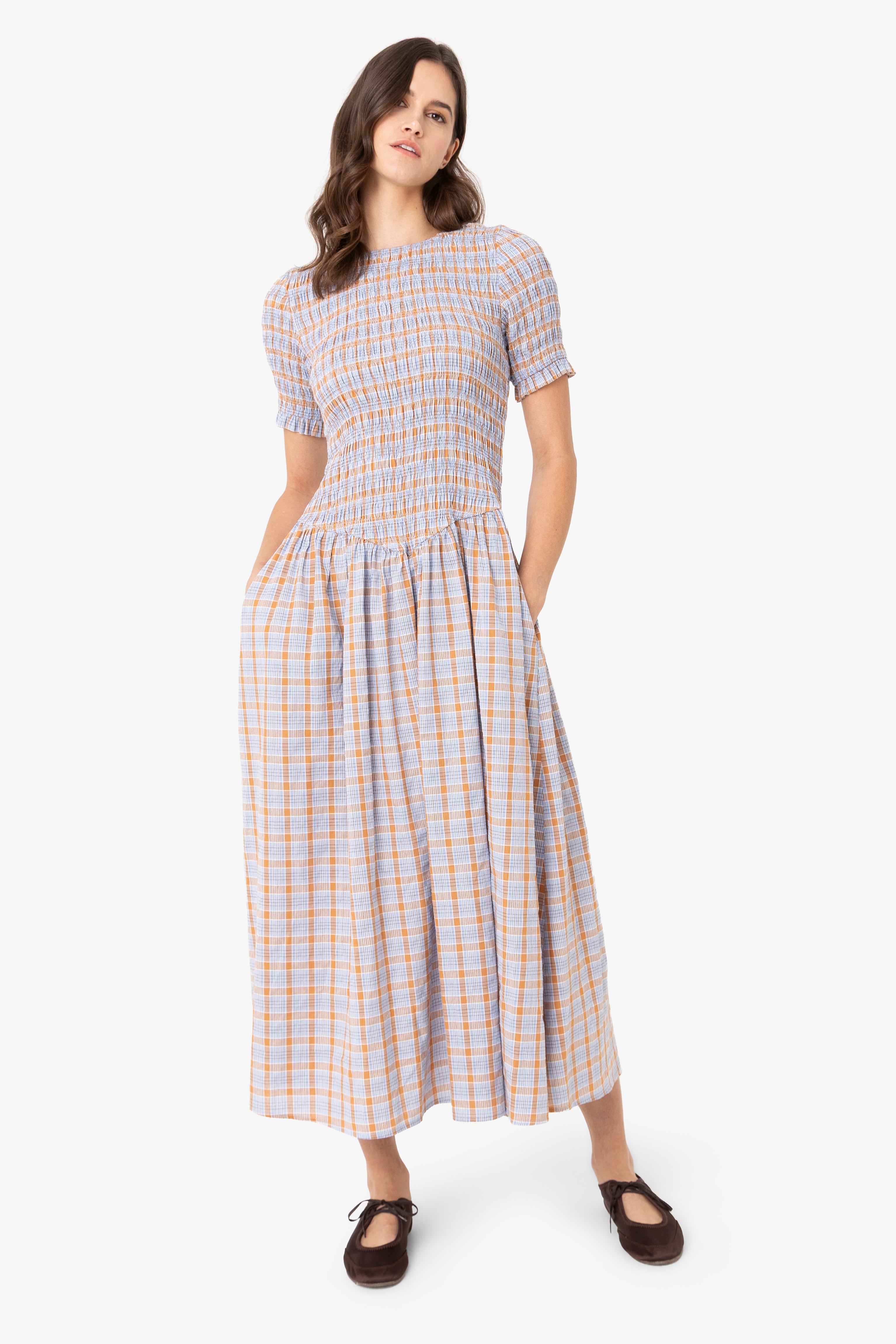 Beatrix Smocked Midaxi Dress in Blue and Orange Check