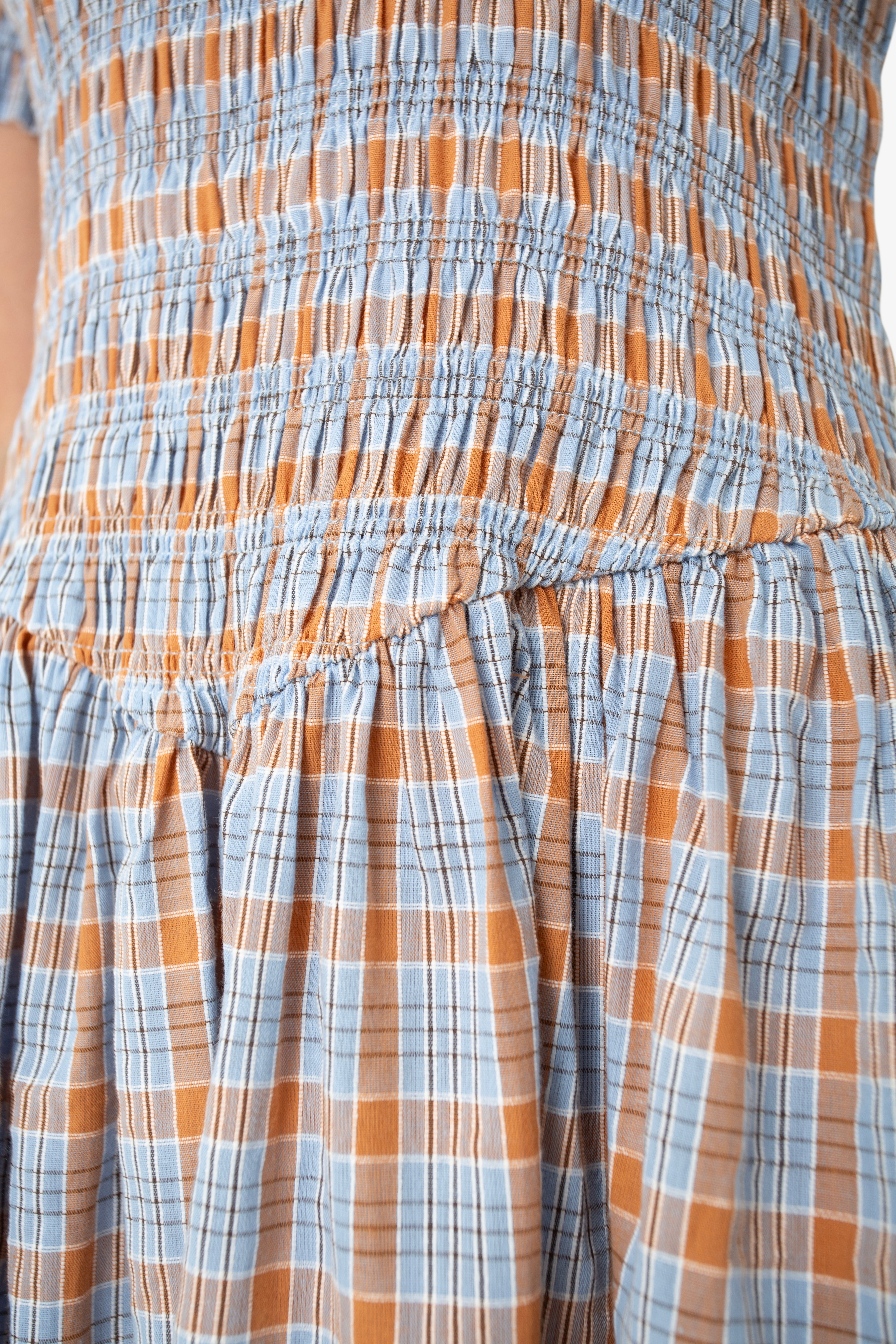 Beatrix Smocked Midaxi Dress in Blue and Orange Check