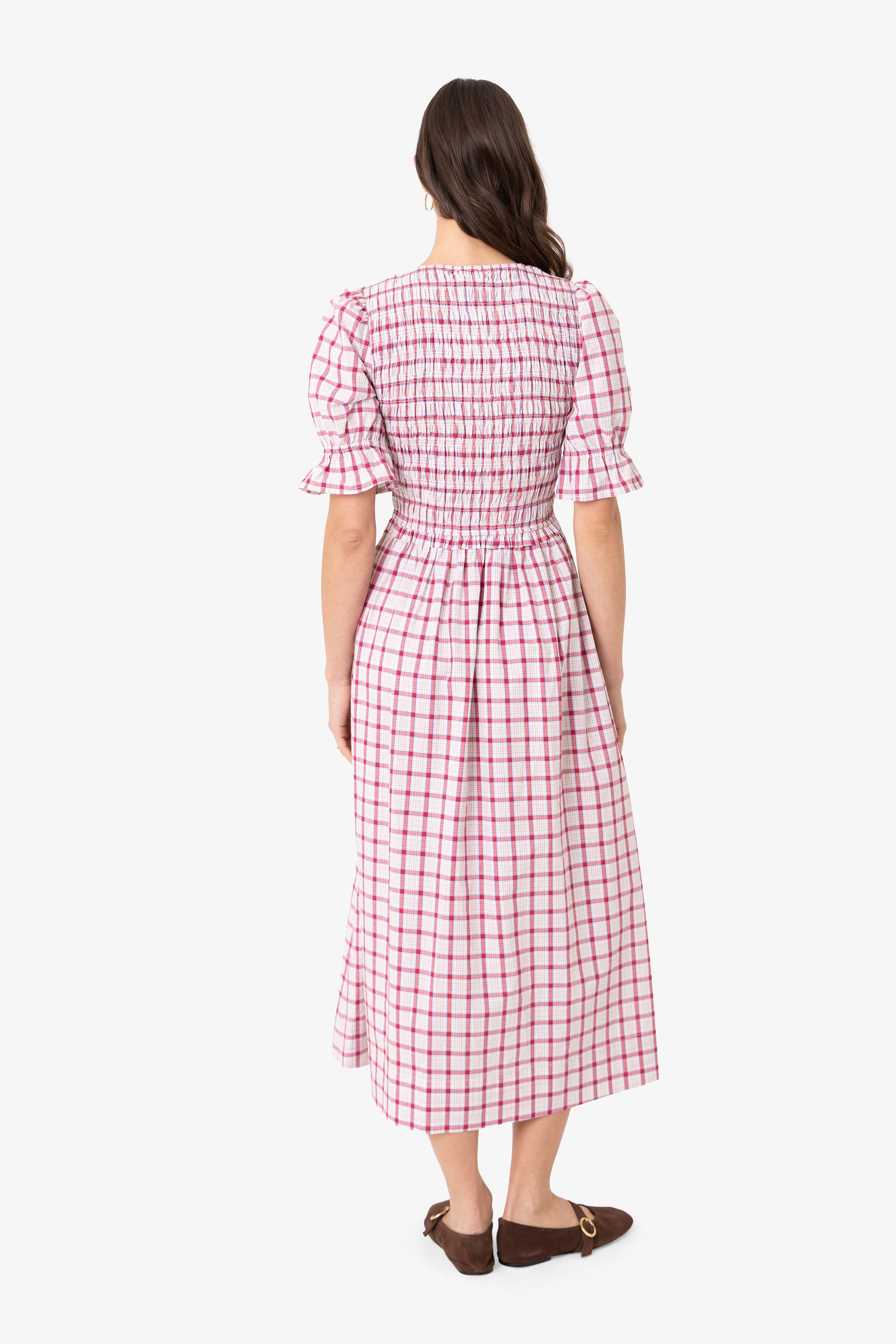 Imogen Cotton Red & White Window Pane check Midaxi Dress