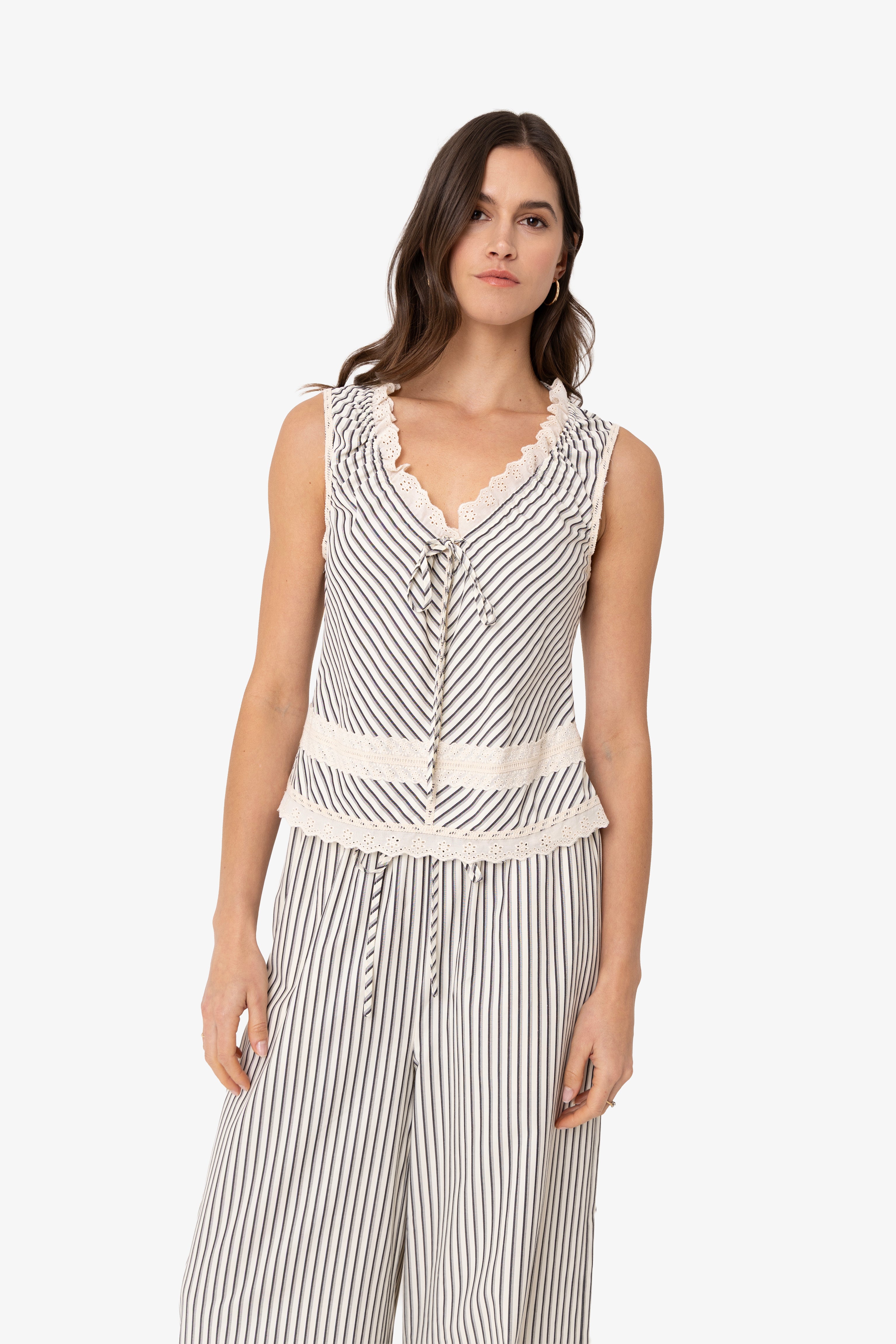Anais Stripe Cotton Broderie Frill Top