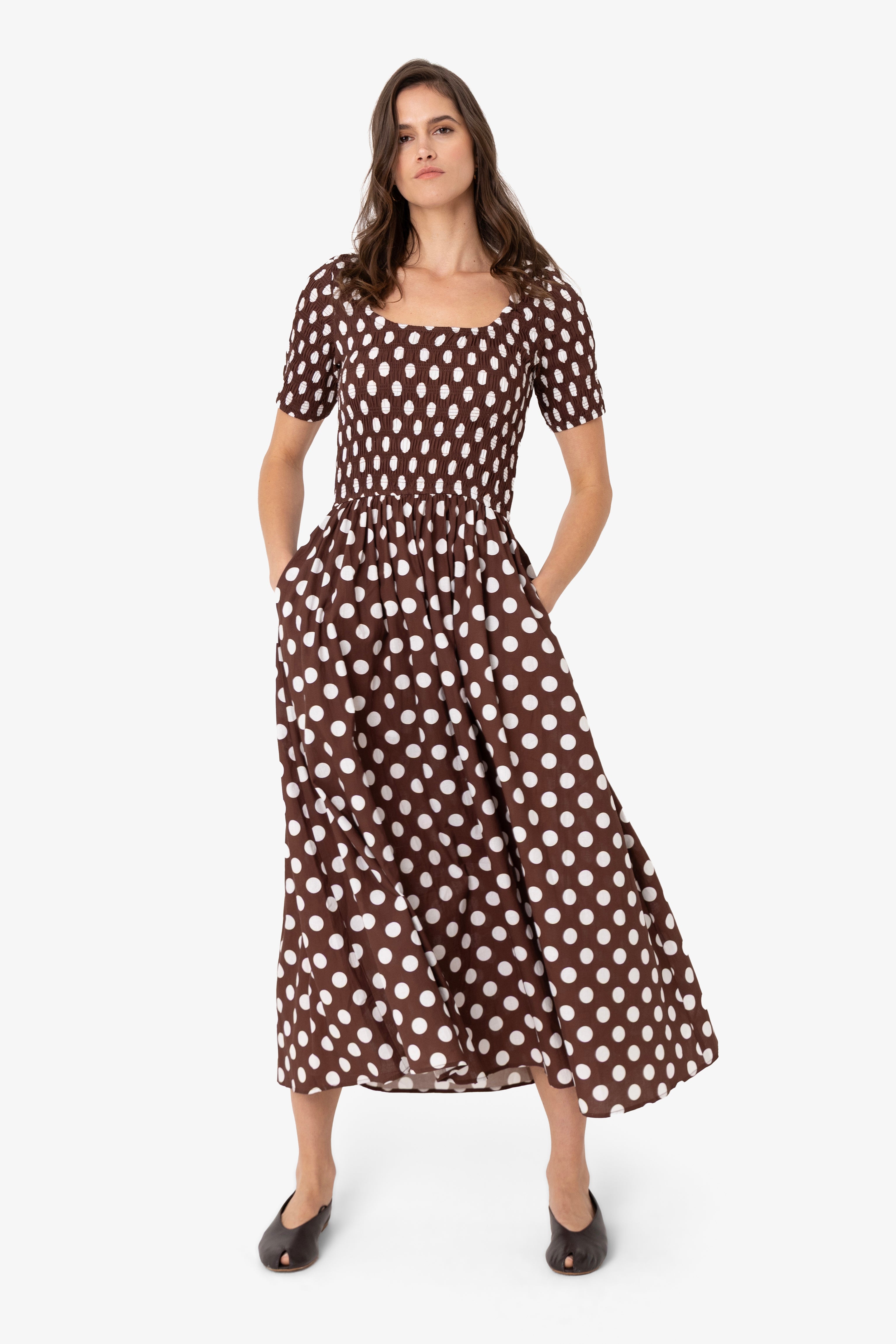 Matilda Pure Cotton Brown Polka Dot Midi Dress