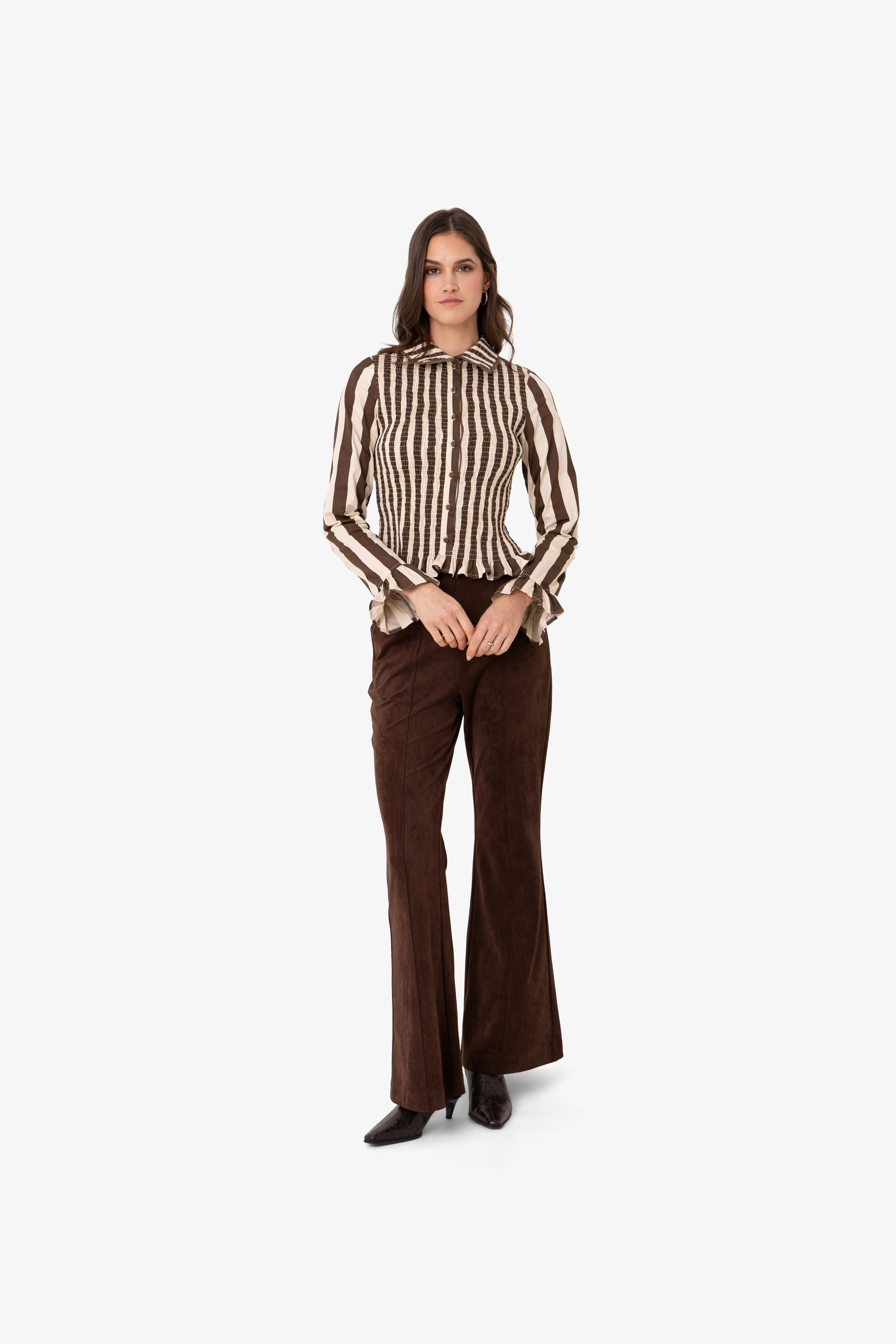 Yasmine Cotton Brown Stripe Smocked Shirt