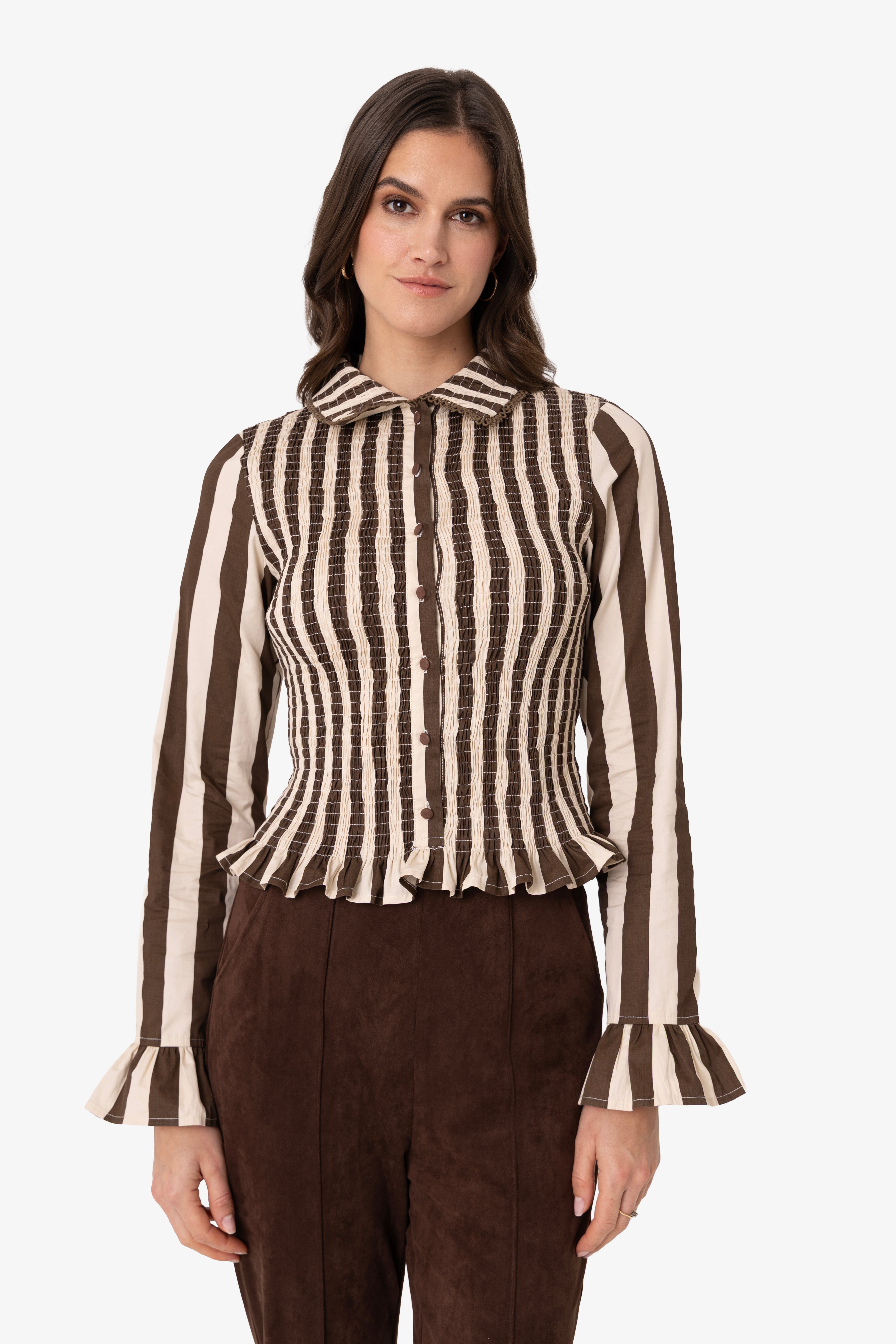 Yasmine Cotton Brown Stripe Smocked Shirt