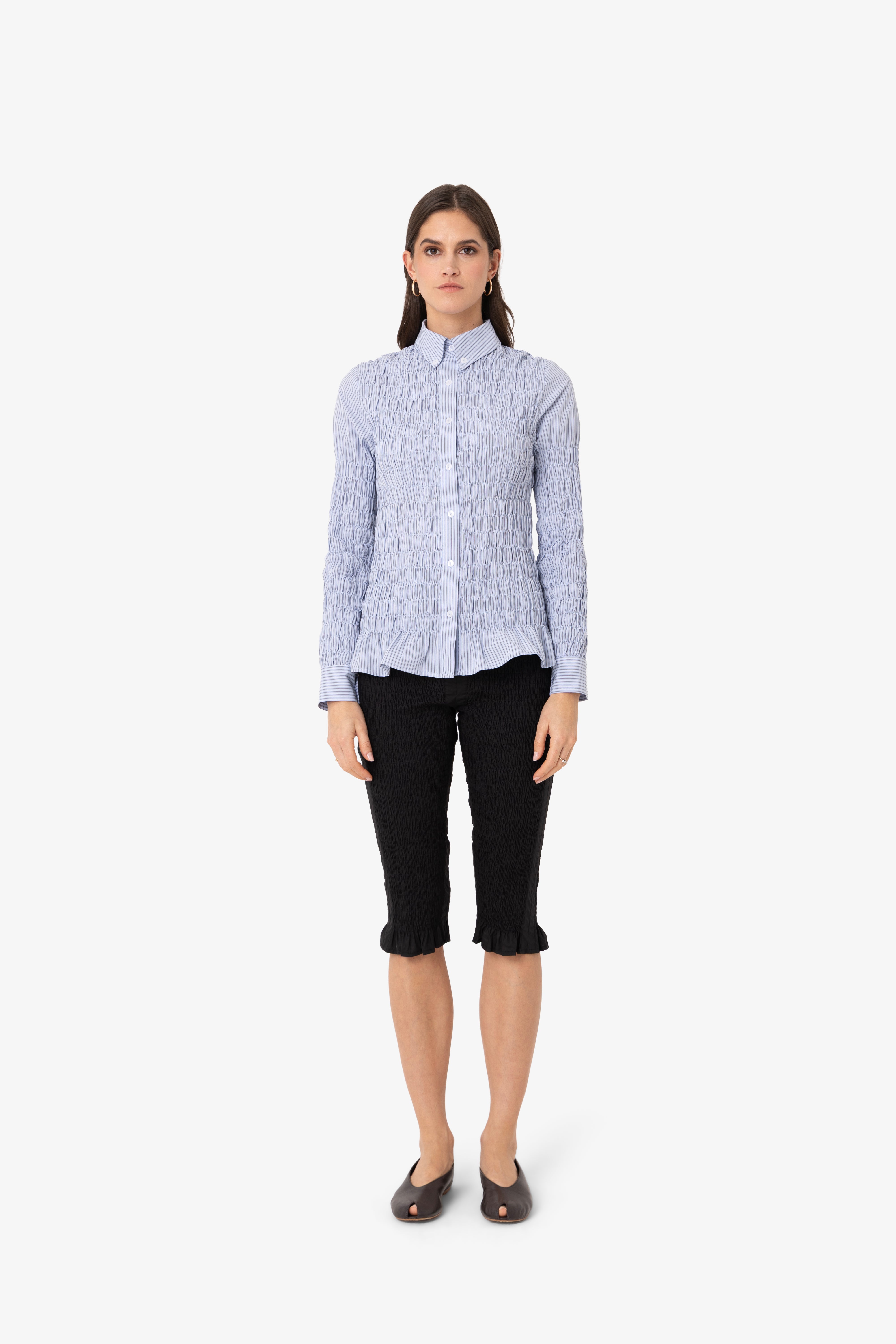 Olivia Smocked Cotton Shirt in Blue Stripe