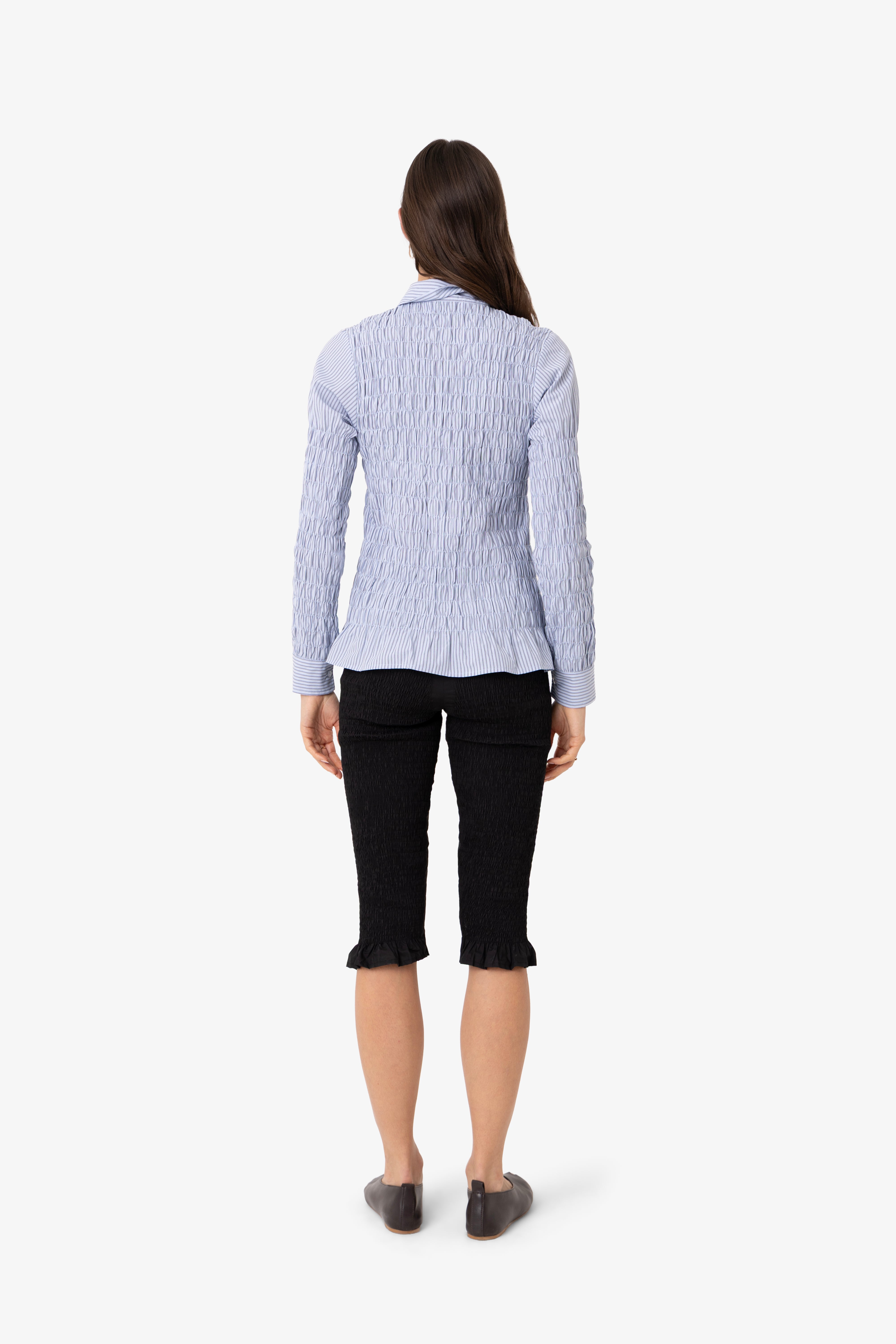 Olivia Smocked Cotton Shirt in Blue Stripe