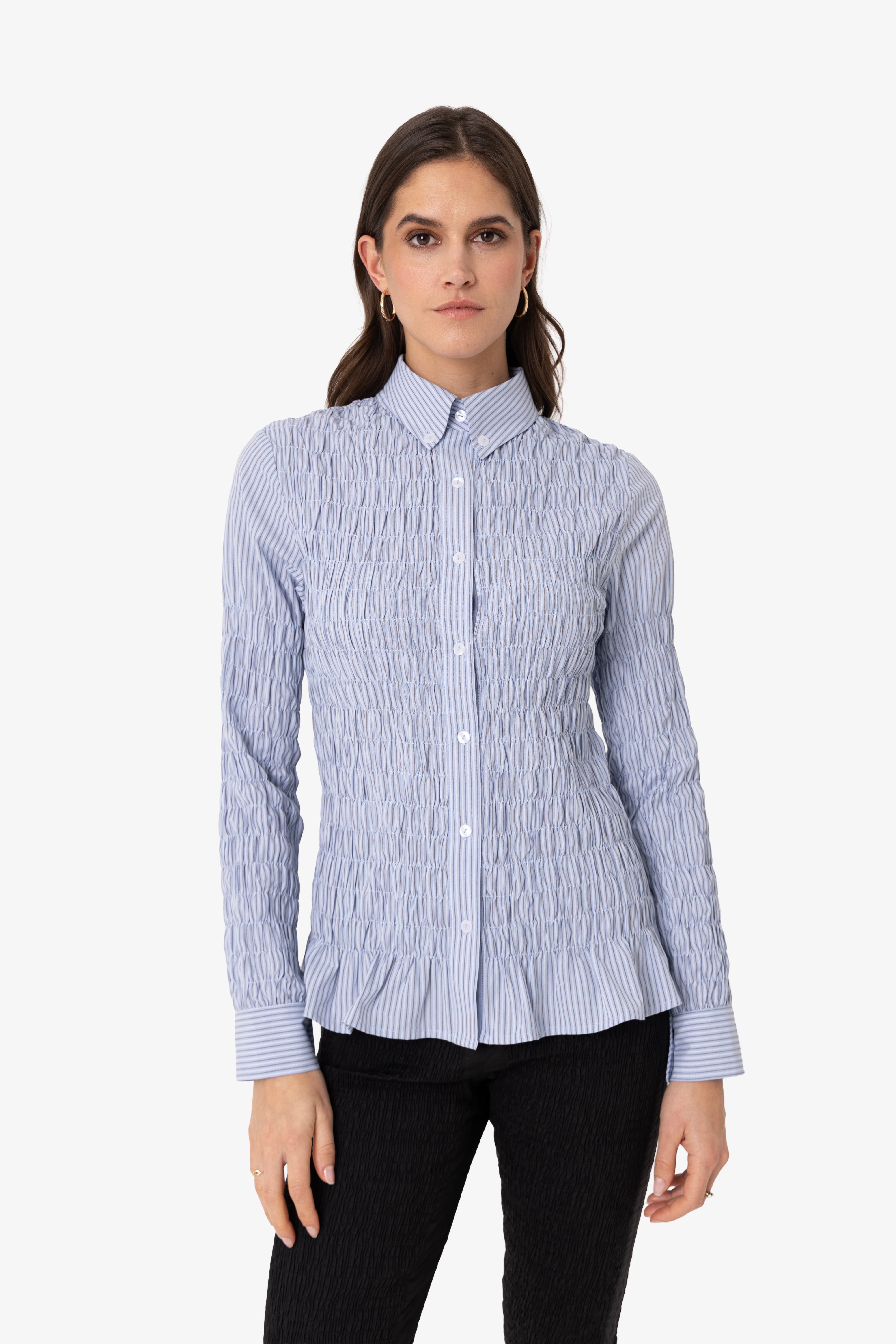 Olivia Smocked Cotton Shirt in Blue Stripe