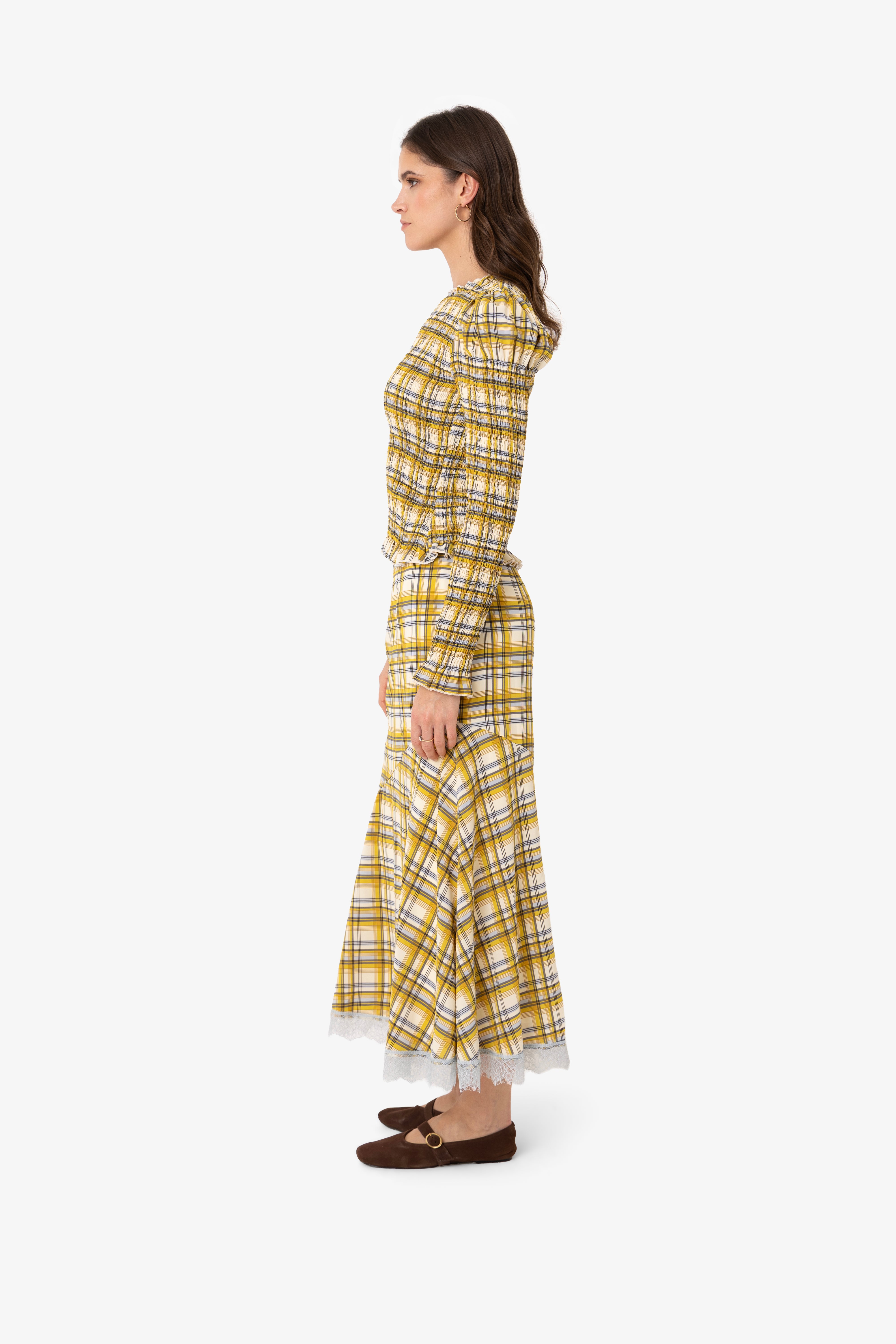 Sunnie Yellow Plaid Asymetric Lace Trim Skirt