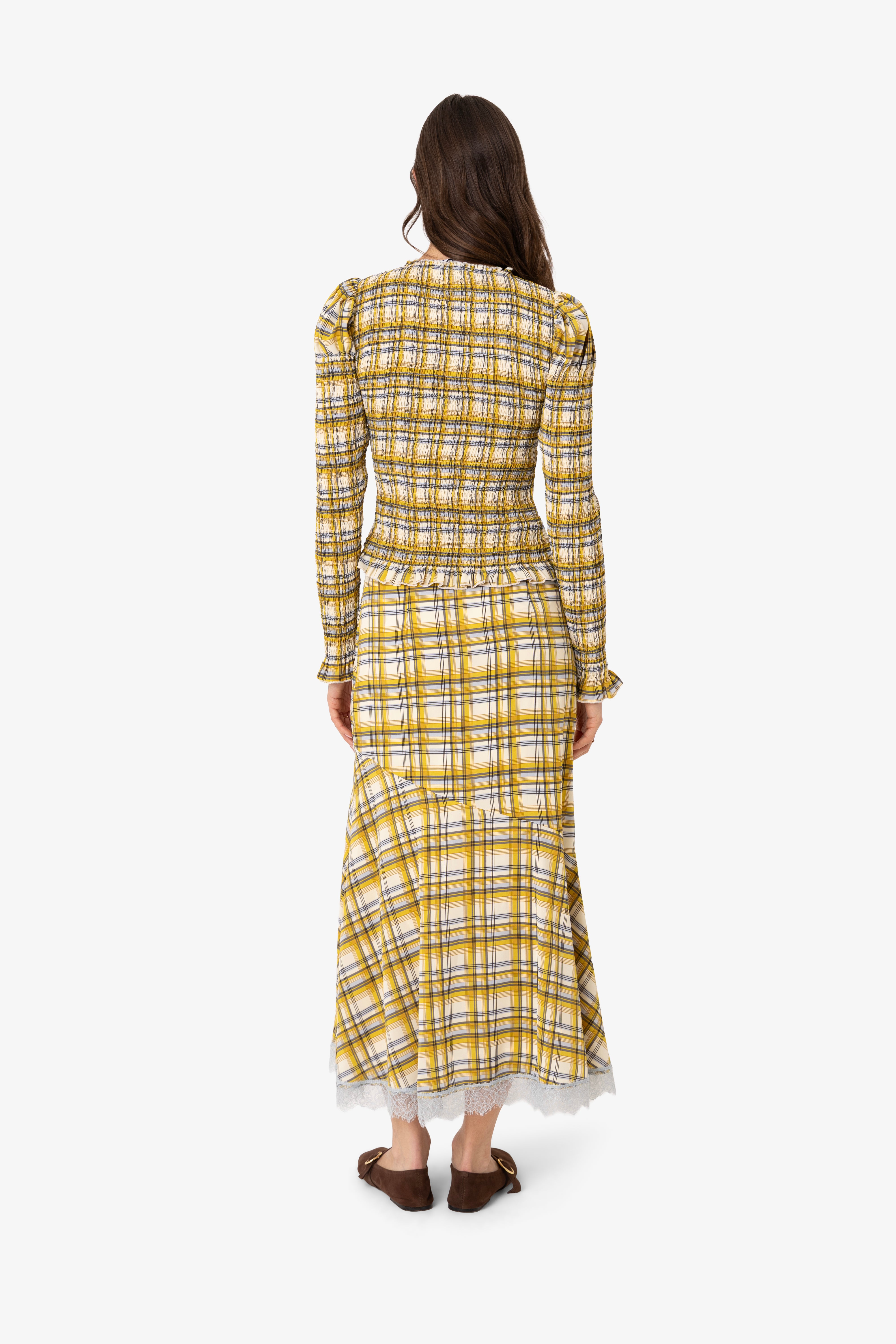 Sunnie Yellow Plaid Asymetric Lace Trim Skirt