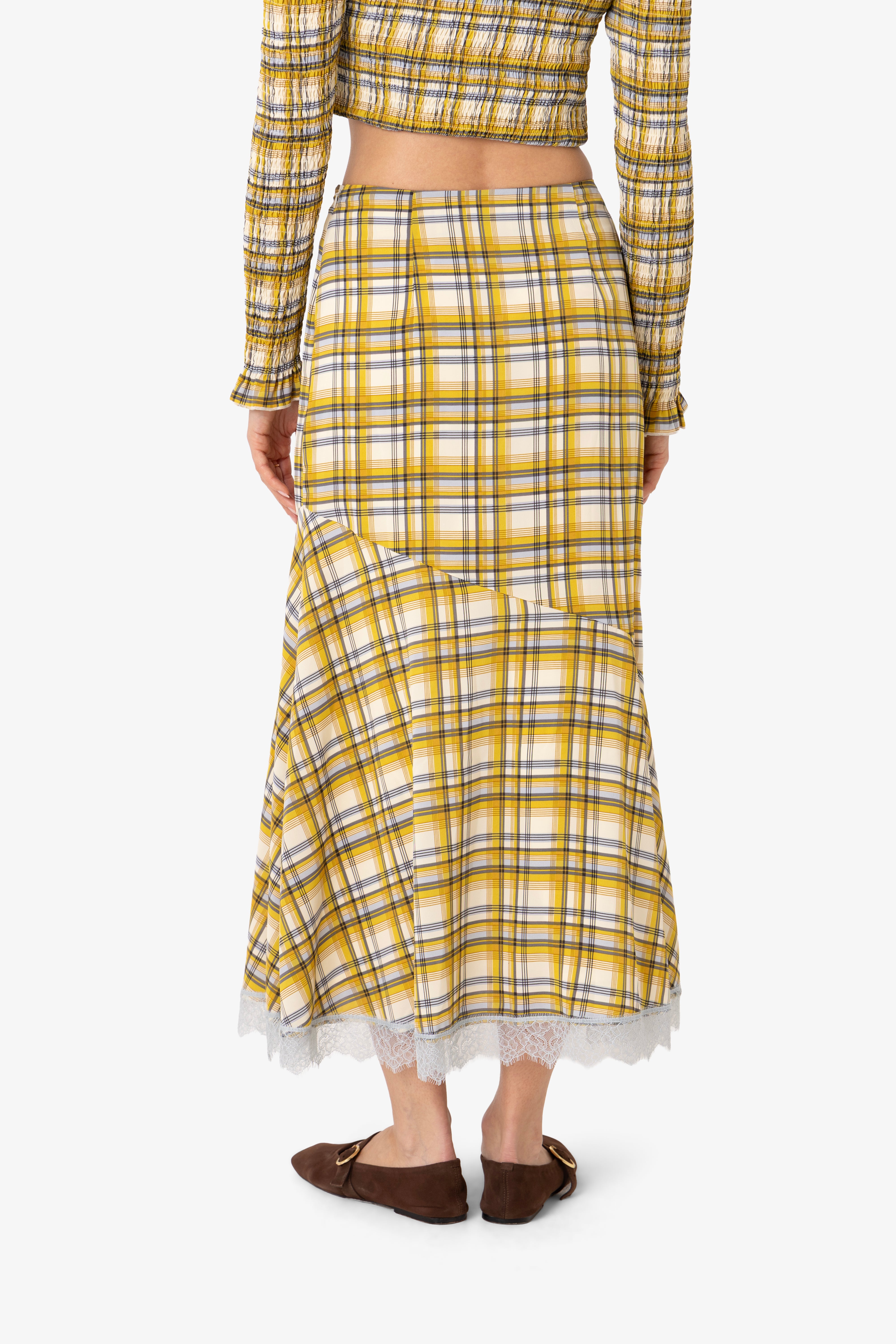 Sunnie Yellow Plaid Asymetric Lace Trim Skirt