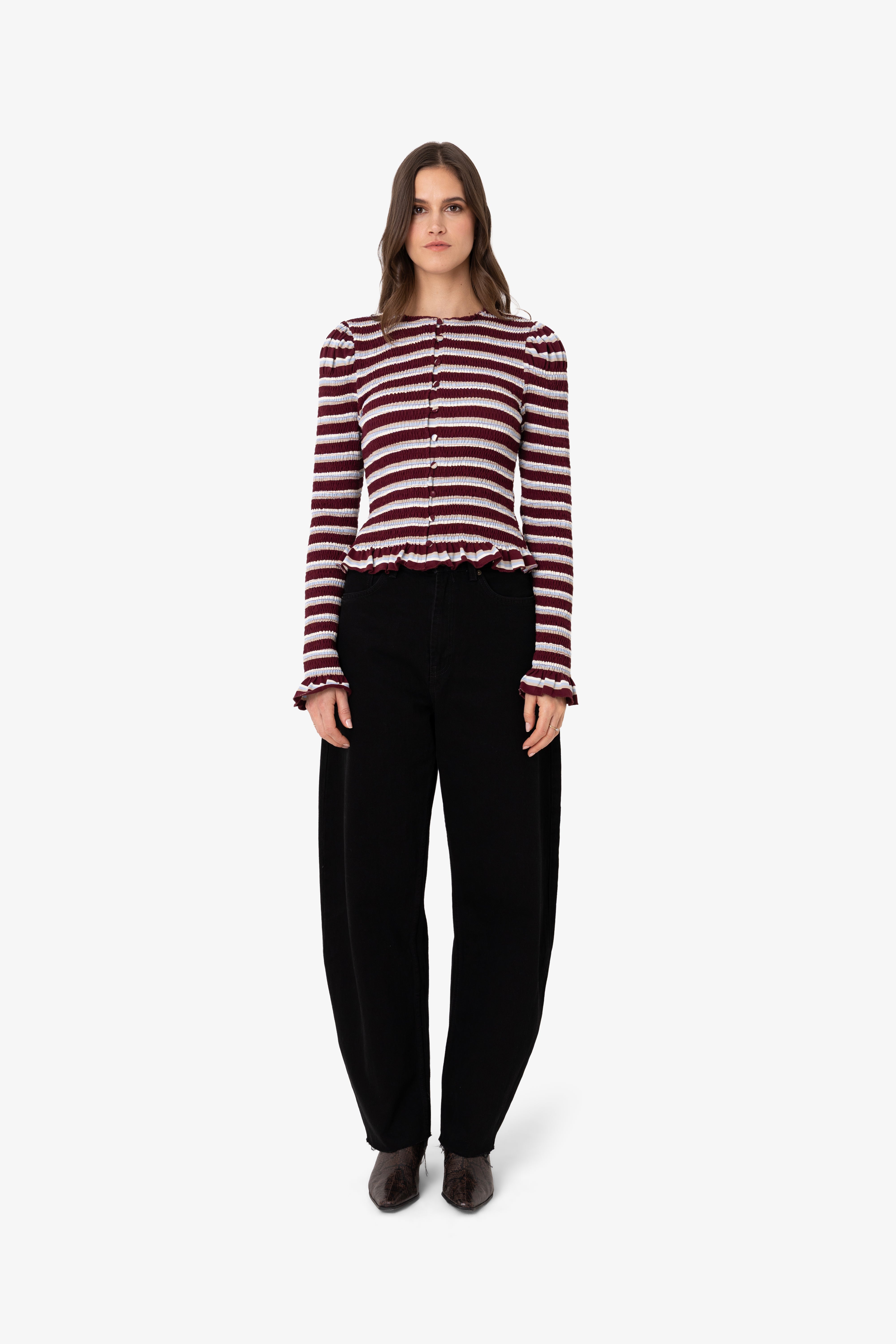 Agyness Smocked Viscose Cotton Jersey Knitted Stripe Cardigan