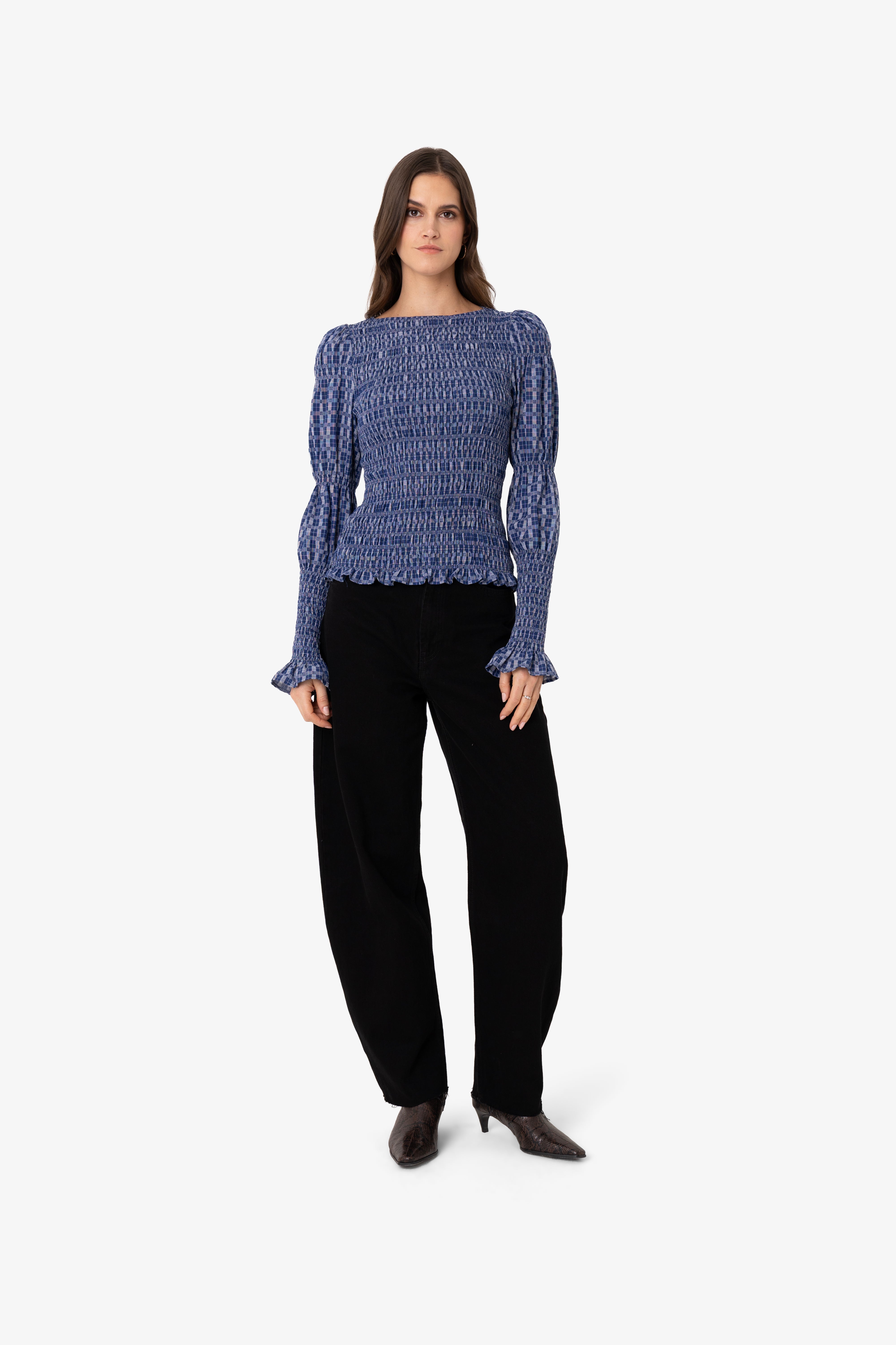 Iris Indigo Checkerboard Cotton Smocked Sleeve Top