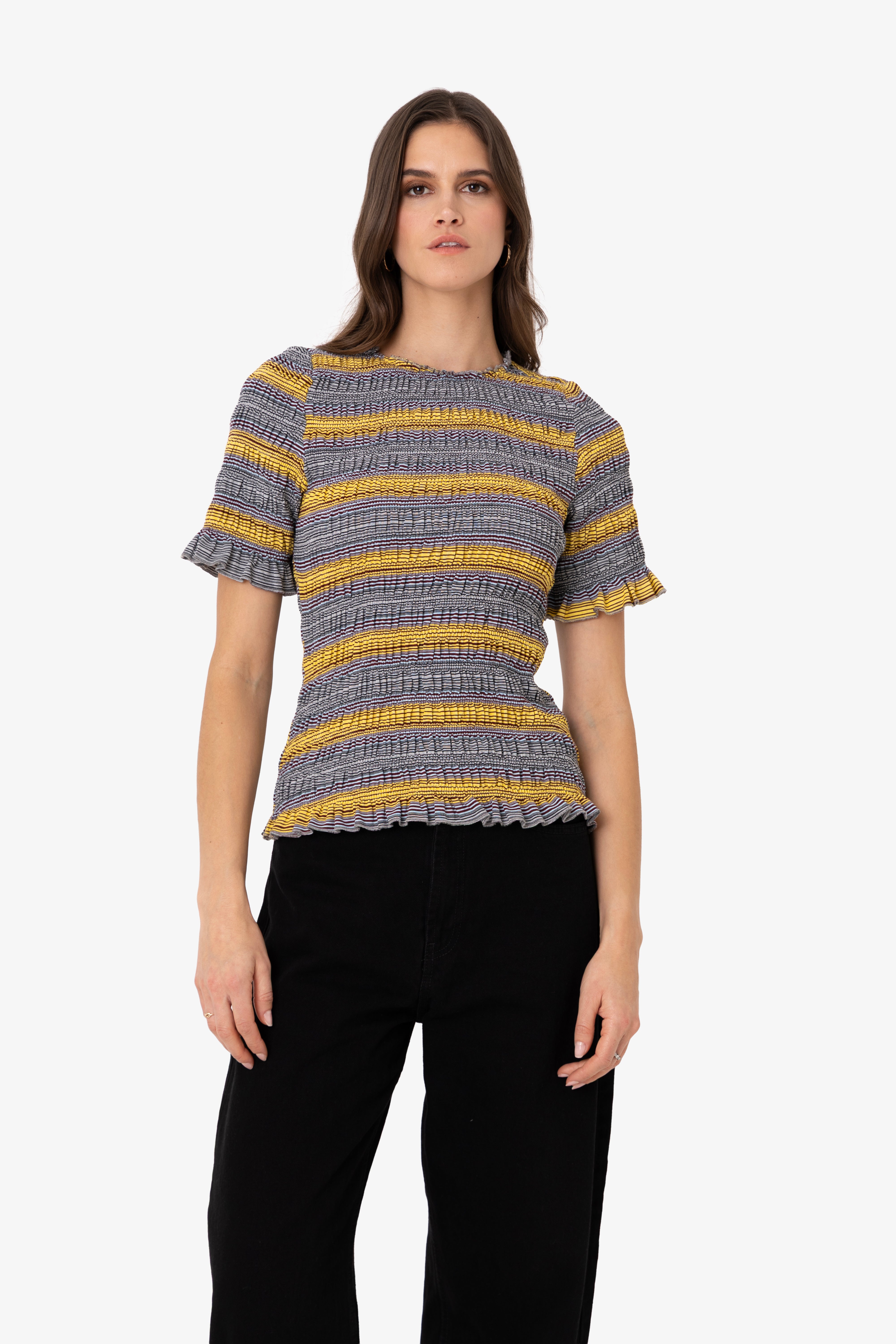 Romy Multi Stripe Smocked Viscose Knitted Top