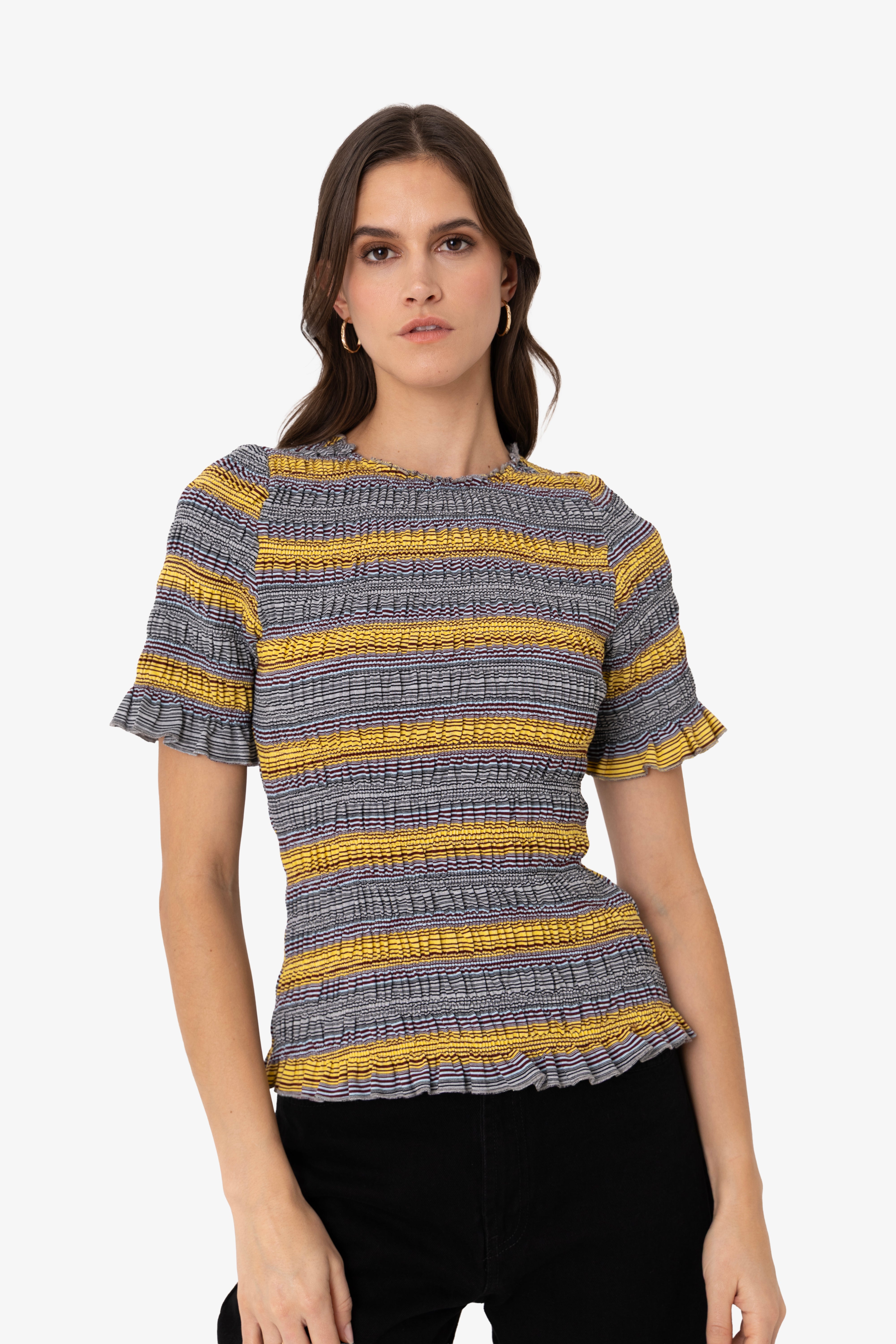 Romy Multi Stripe Smocked Cotton Knitted Top