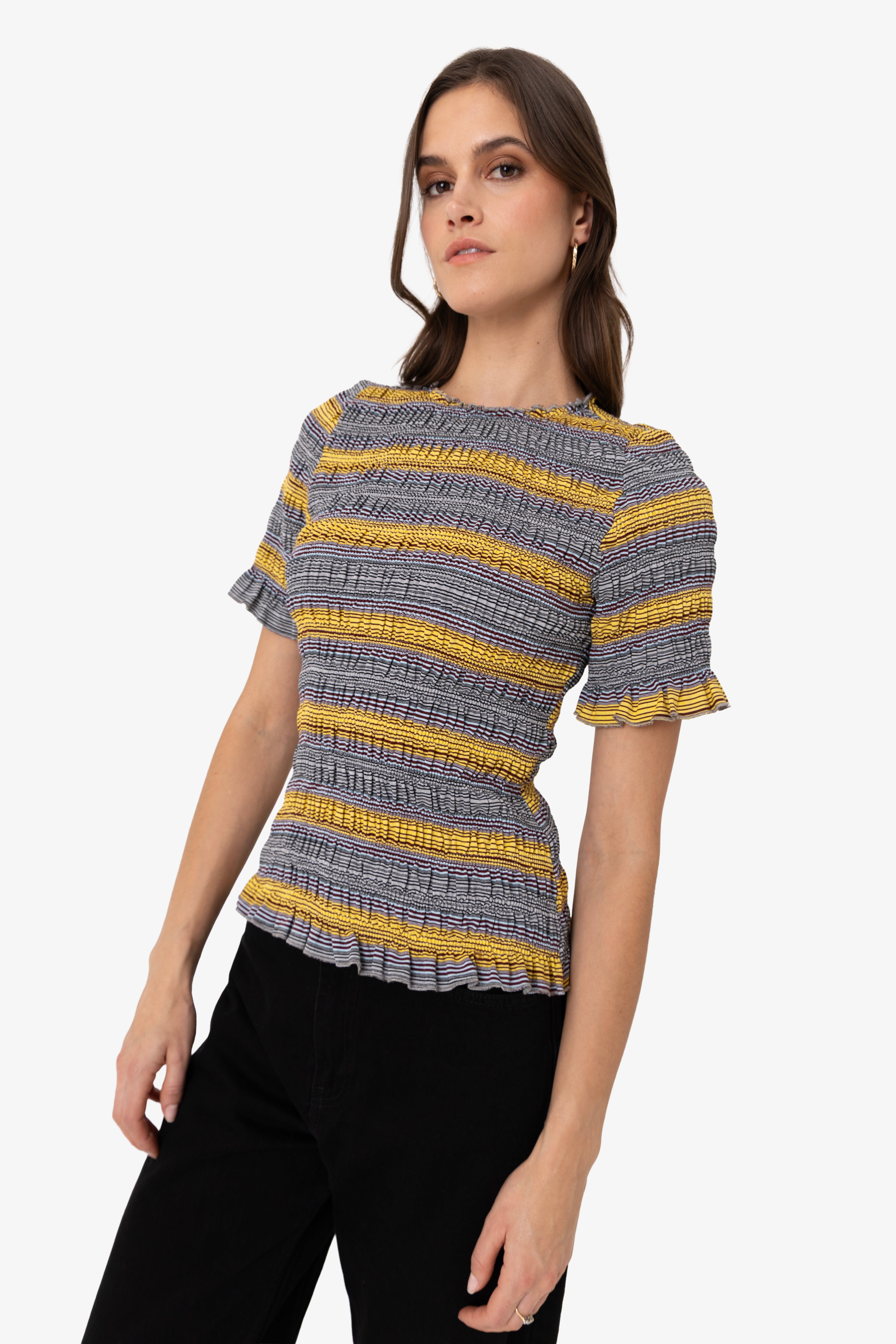 Romy Multi Stripe Smocked Cotton Knitted Top