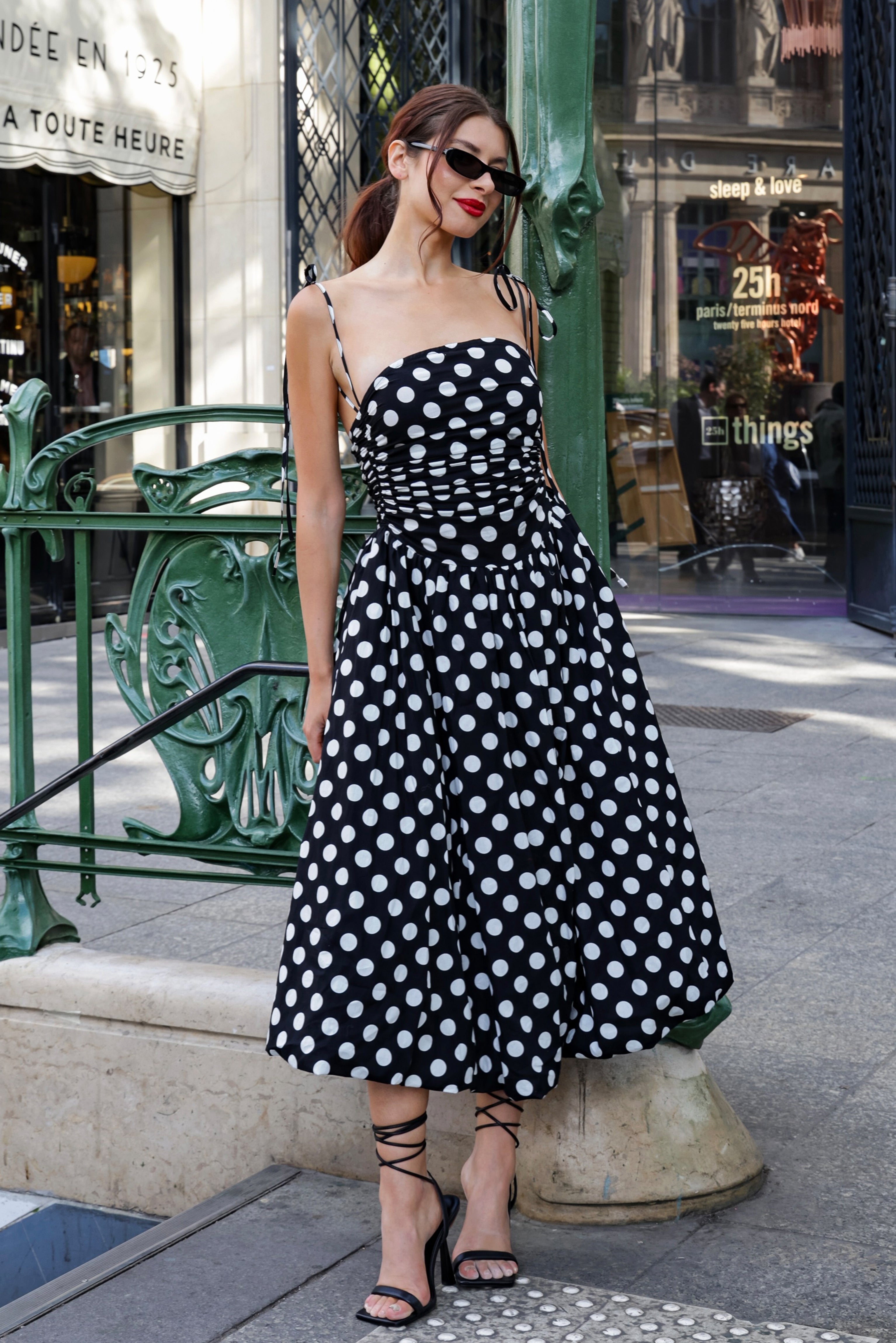 Alexa Drop-Waist Midi Dress in Mono Polka Dot  | AmyLynn