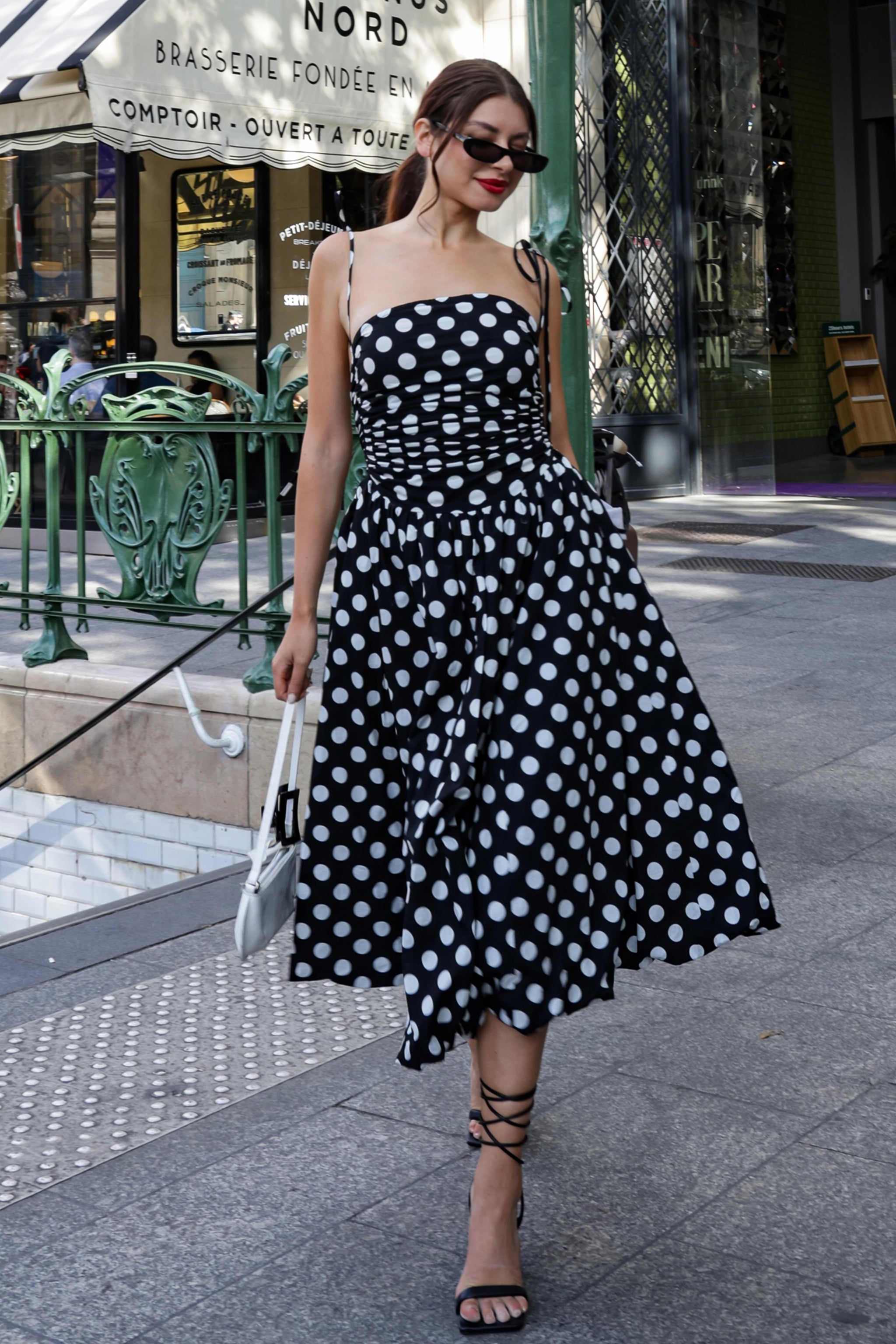 Alexa Cotton Drop-Waist Midi Dress in Mono Polka Dot