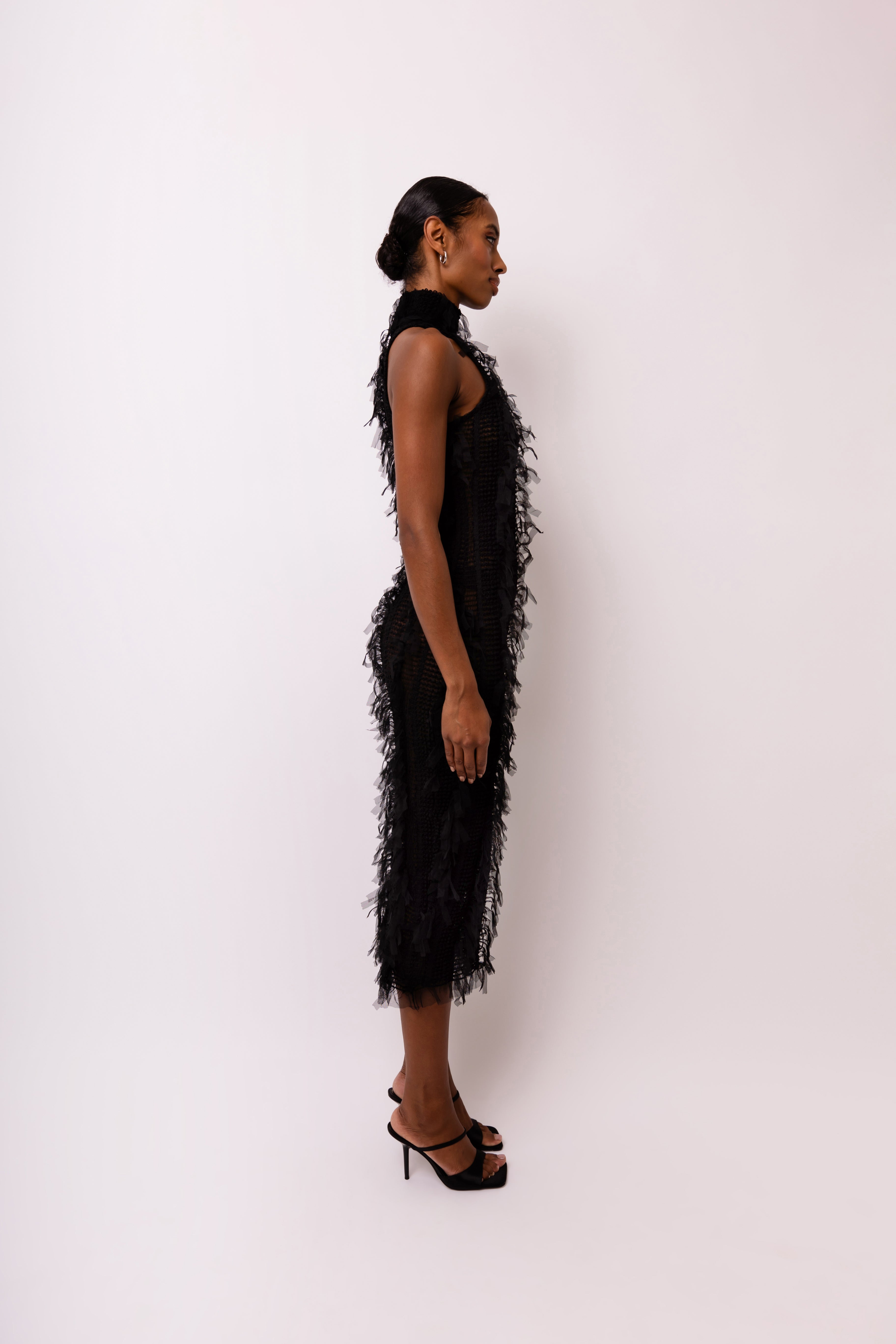 Calla Black High Neck Stretch Midi Dress with all-over Tulle Trims | AmyLynn
