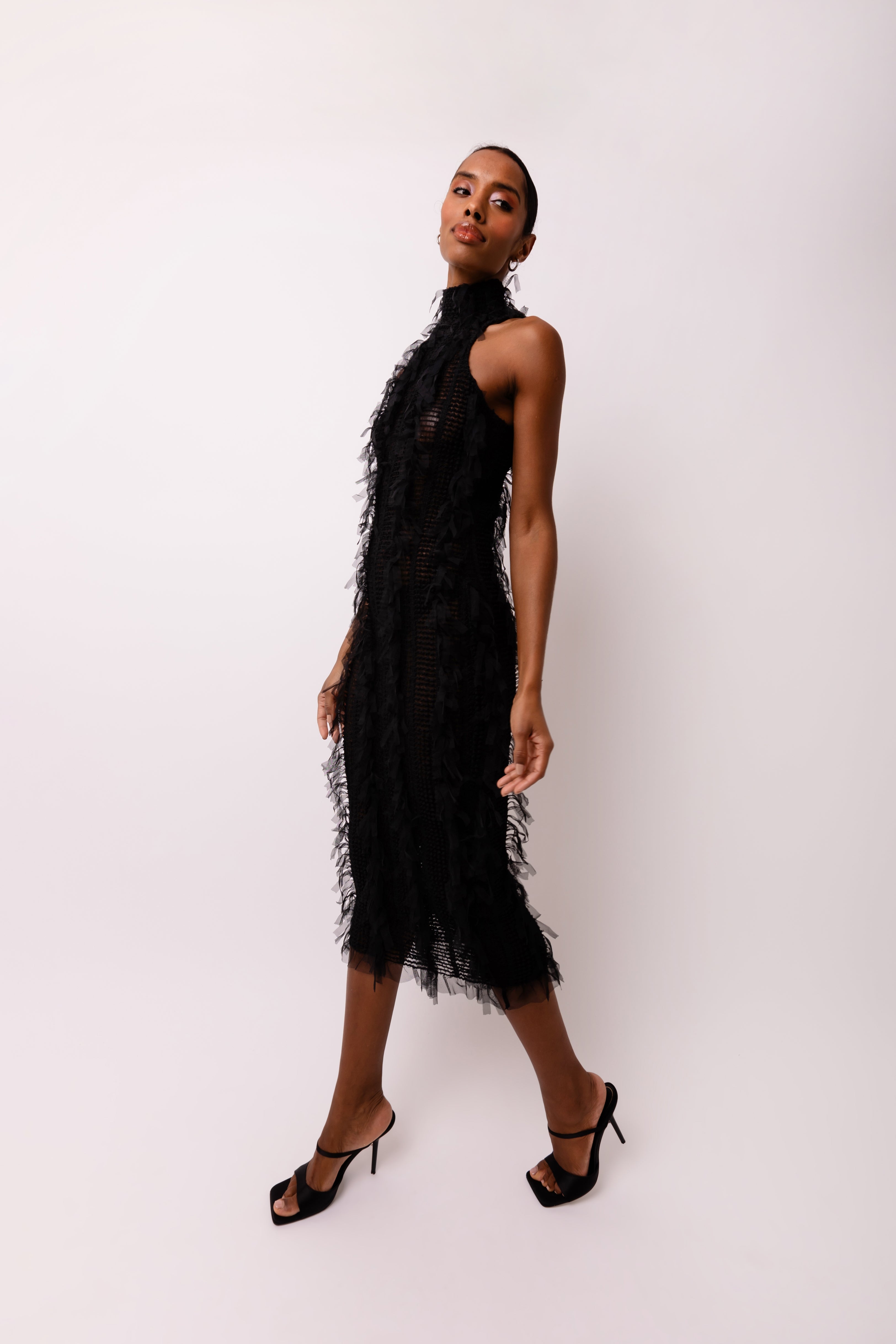 Calla Black High Neck Stretch Midi Dress with all-over Tulle Trims | AmyLynn