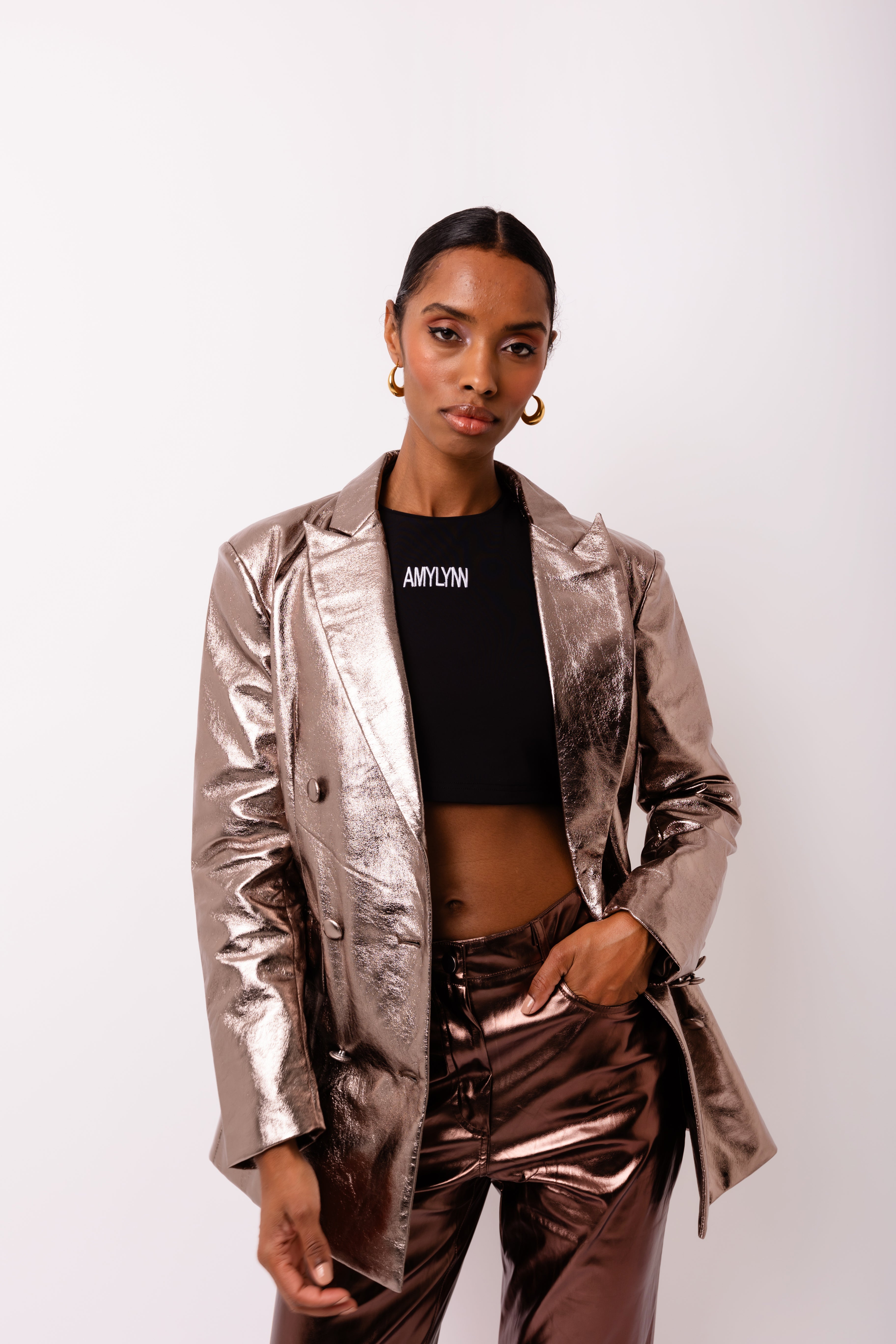 Yasmine Gunmetal Metallic Leather Blazer