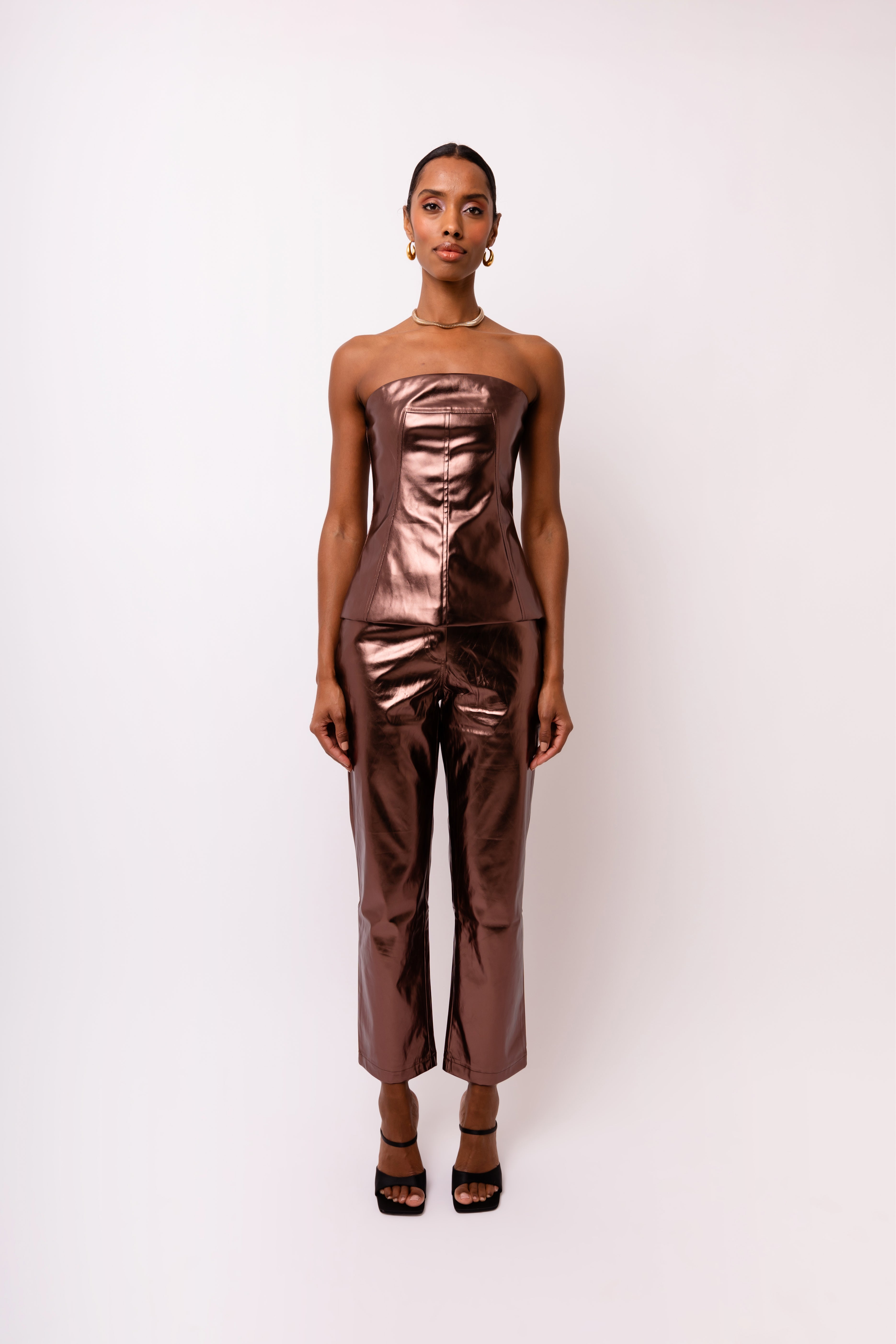 Johanna Mocha Metallic Vegan Leather Bandeau Corset Top | AmyLynn