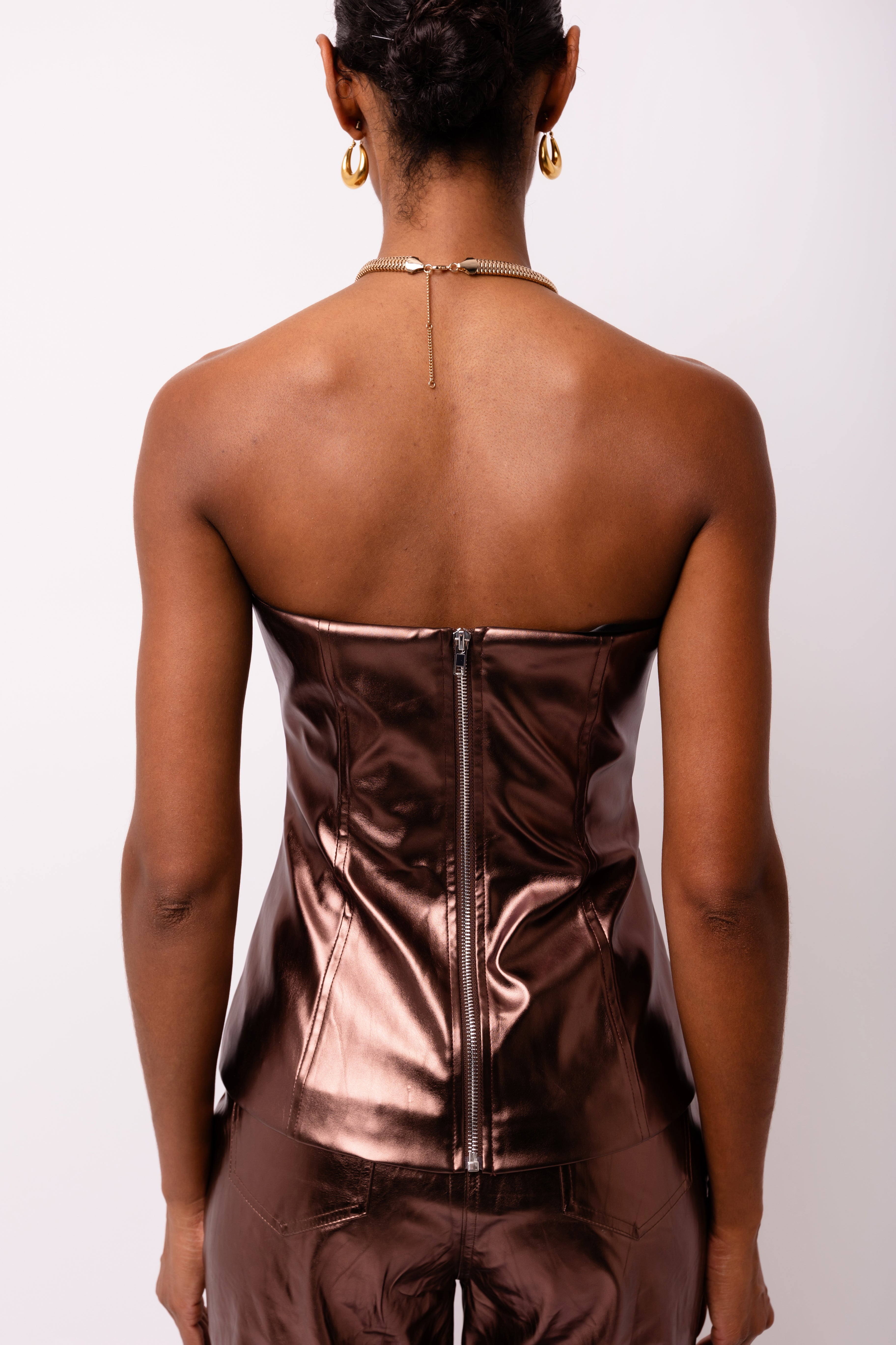 Johanna Mocha Metallic Vegan Leather Bandeau Corset Top | AmyLynn