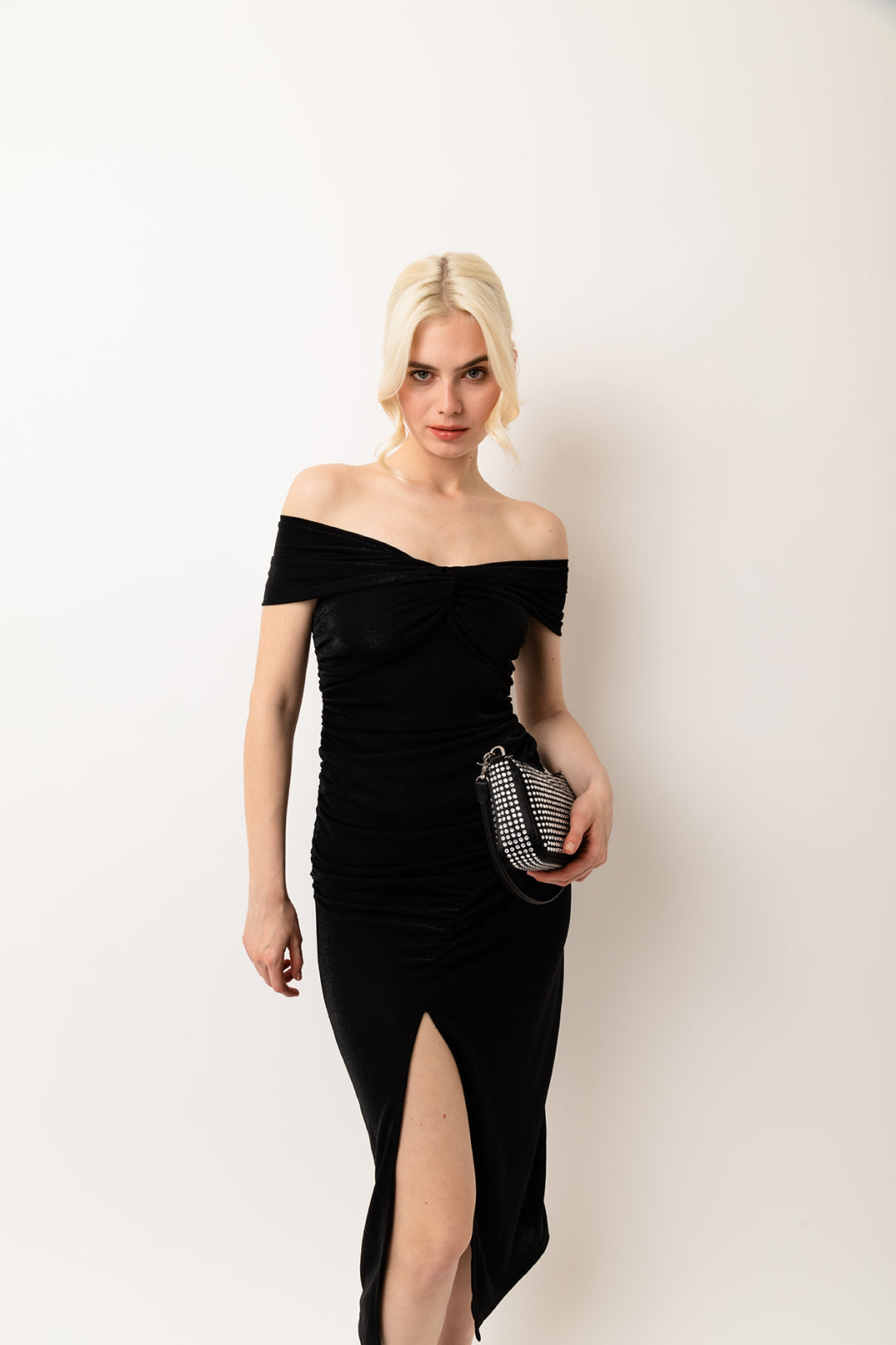 Audrey Black Bardot Midi Dress | AmyLynn