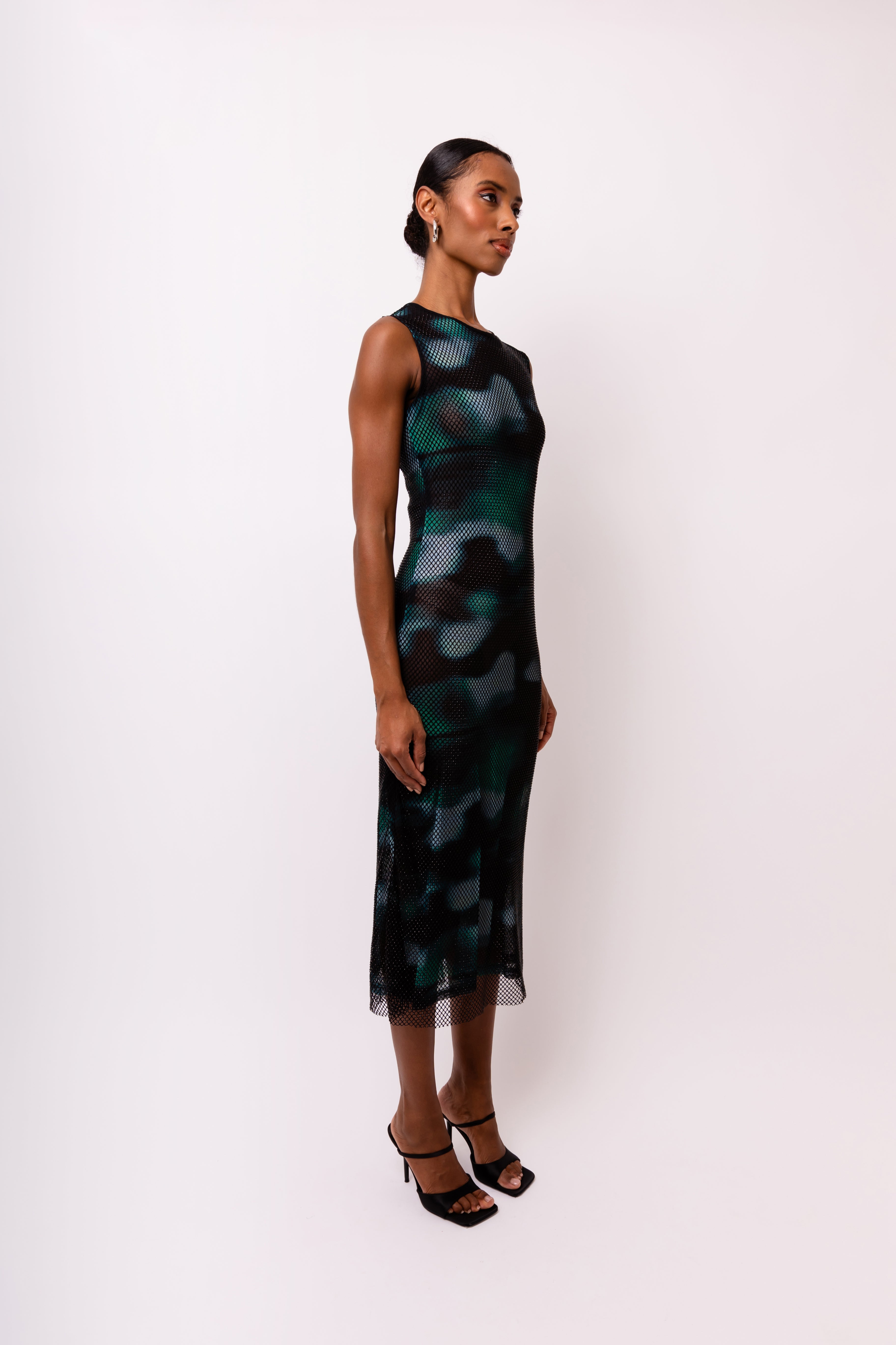 Porto Crystal Embellished Abstract Print Mesh Midi Dress | AMYLYNN