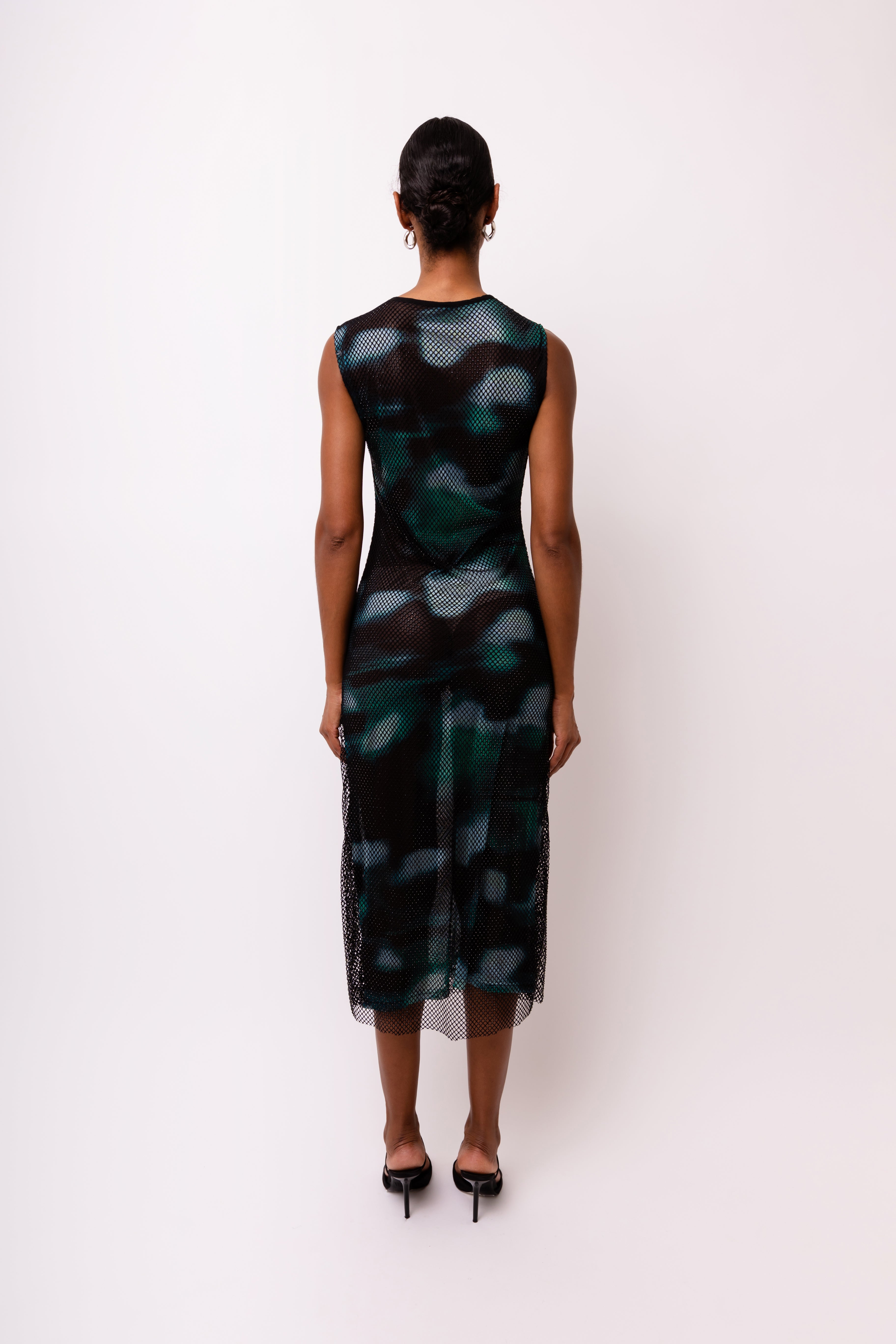Porto Crystal Embellished Abstract Print Mesh Midi Dress | AMYLYNN